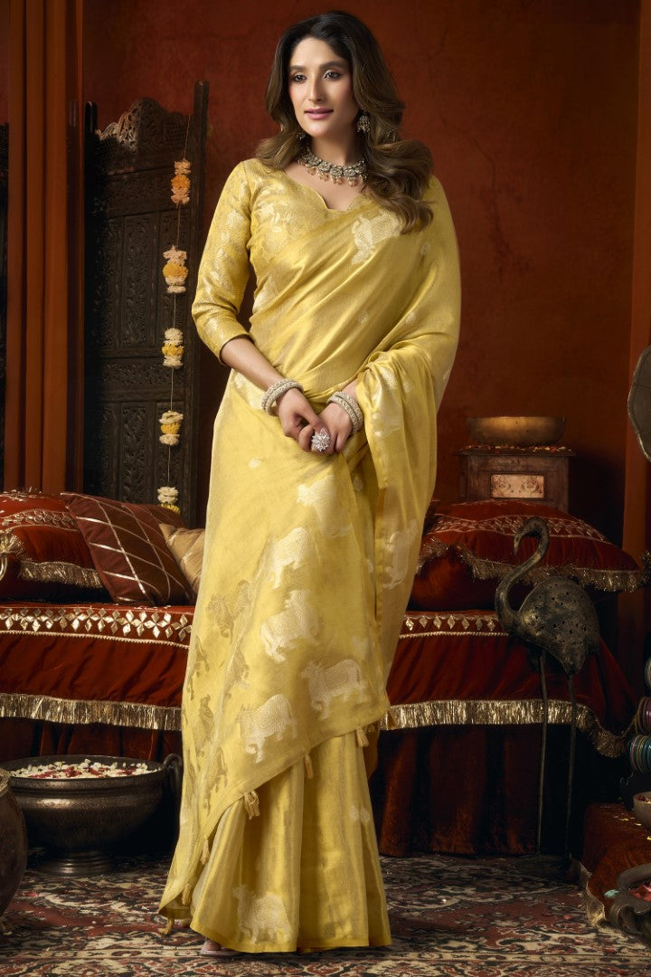 Yellow Heavy Tissue Saree with Premium Allover Woven Work