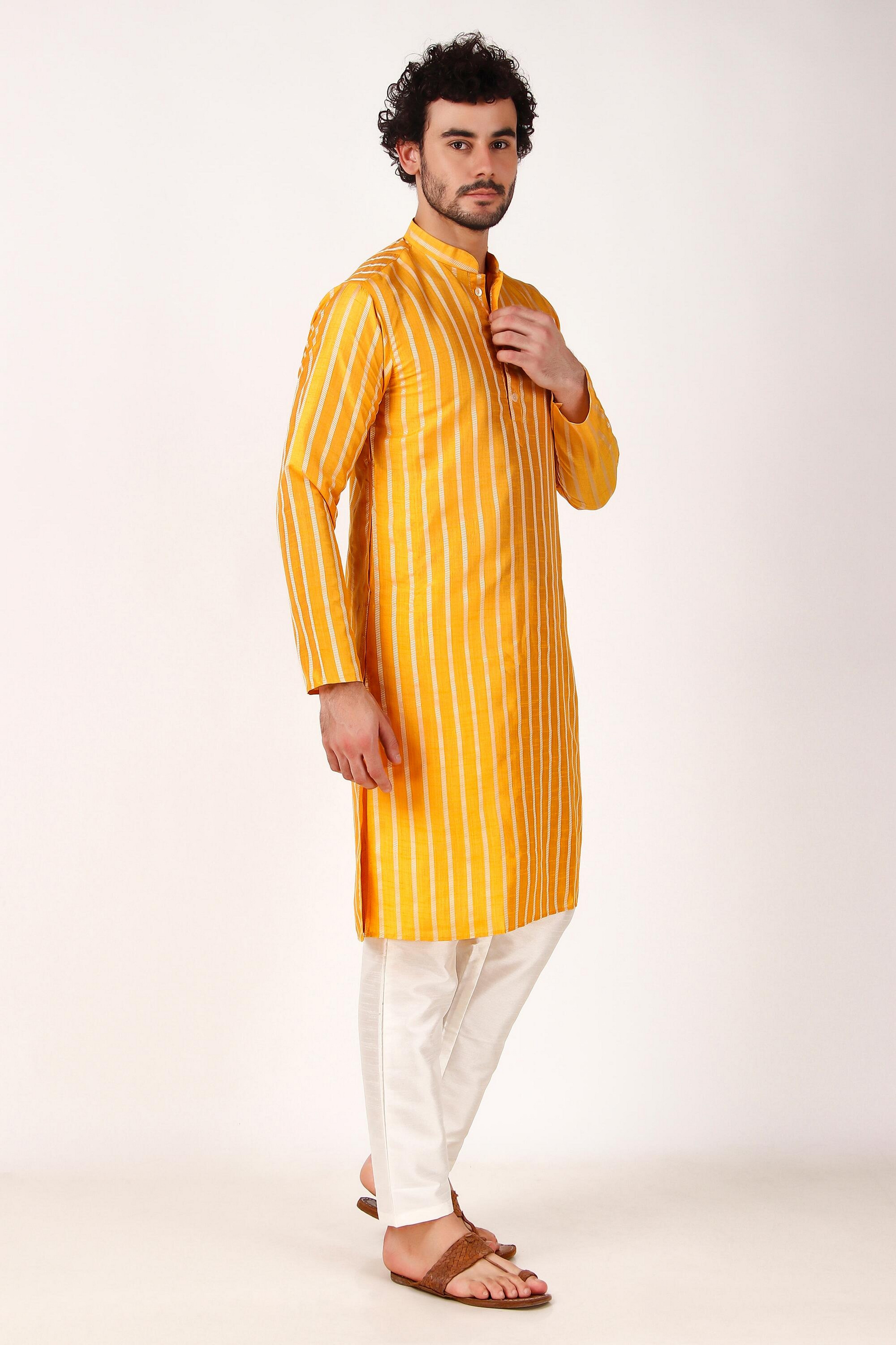 Yellow Jacquard Silk Kurta Payjama – Stylish Festive Wear for Men