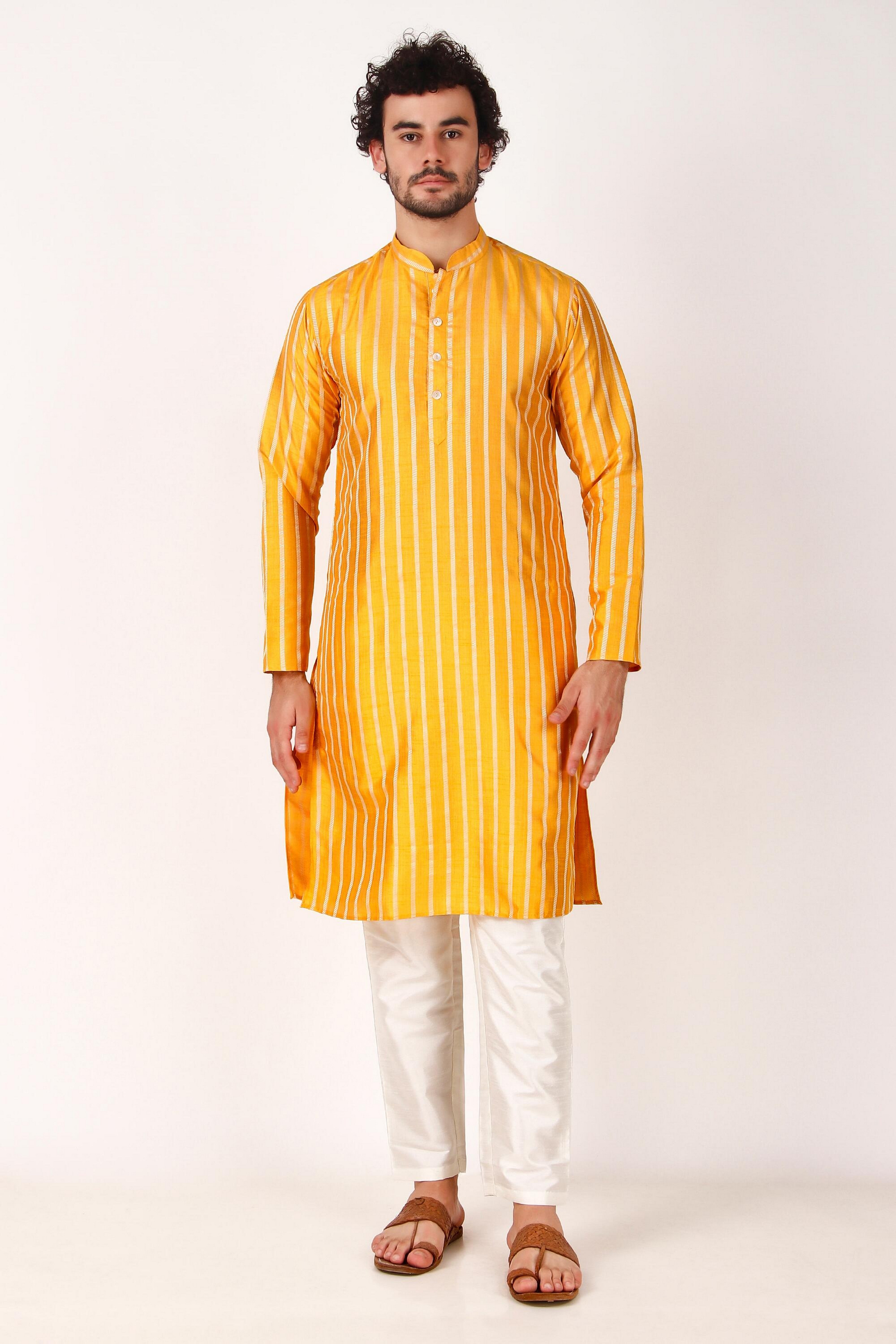 Yellow Jacquard Silk Kurta Payjama – Stylish Festive Wear for Men
