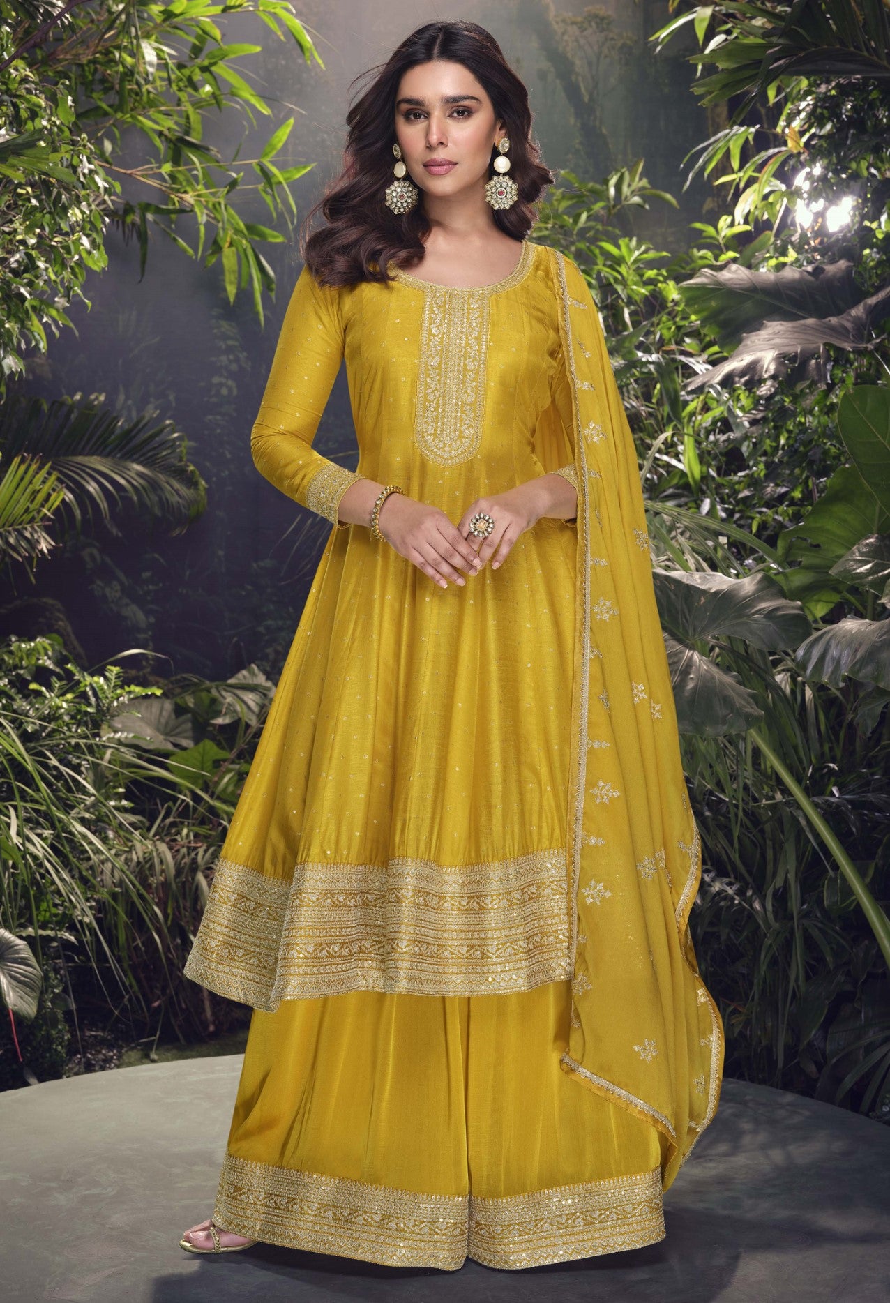 Yellow Jacquard Silk Palazzo Suit With Sequin Embroidery