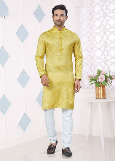Yellow Jacquard Silk Pintex Jacquard Ethnic Festive Kurta Pajama