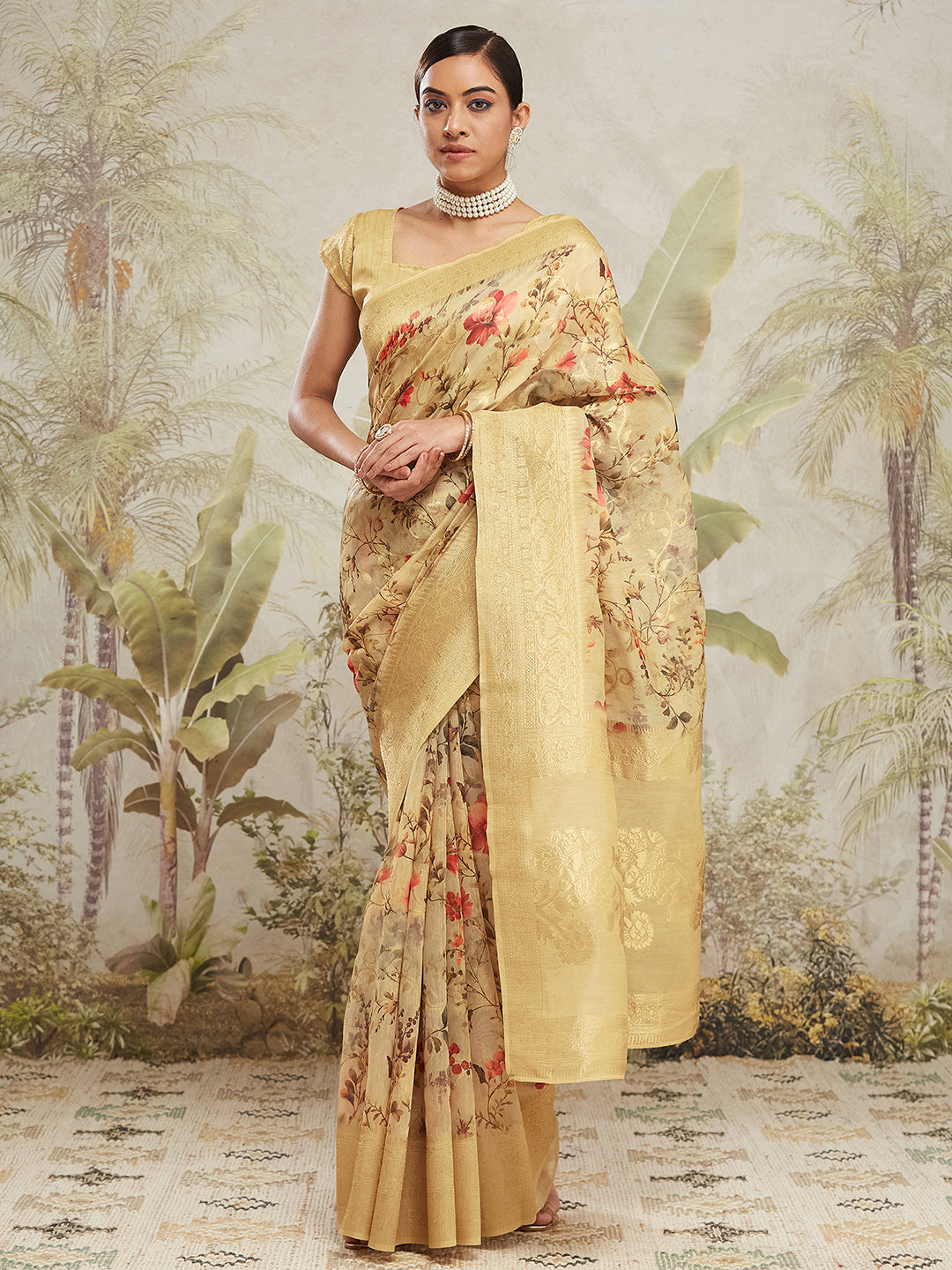 Yellow Jacquard Silk Saree With Beautiful Floral Print Designer