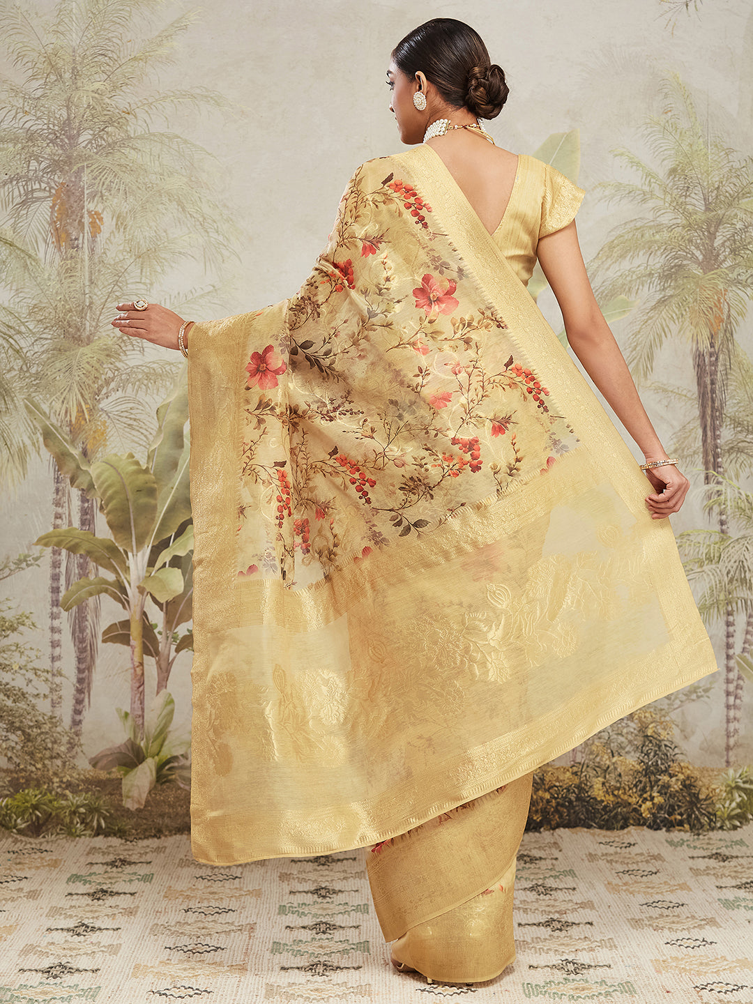 Yellow Jacquard Silk Saree With Beautiful Floral Print Designer