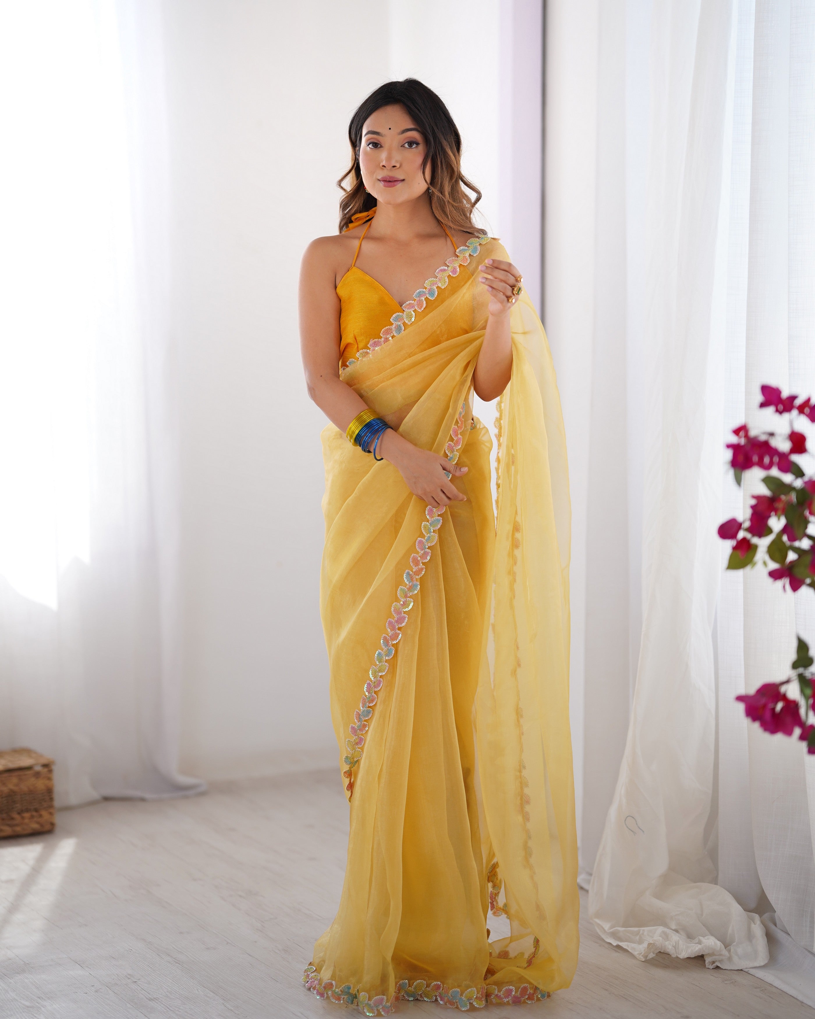 Yellow Jimmy Choo Designer Lace Work Fancy Partywear Saree