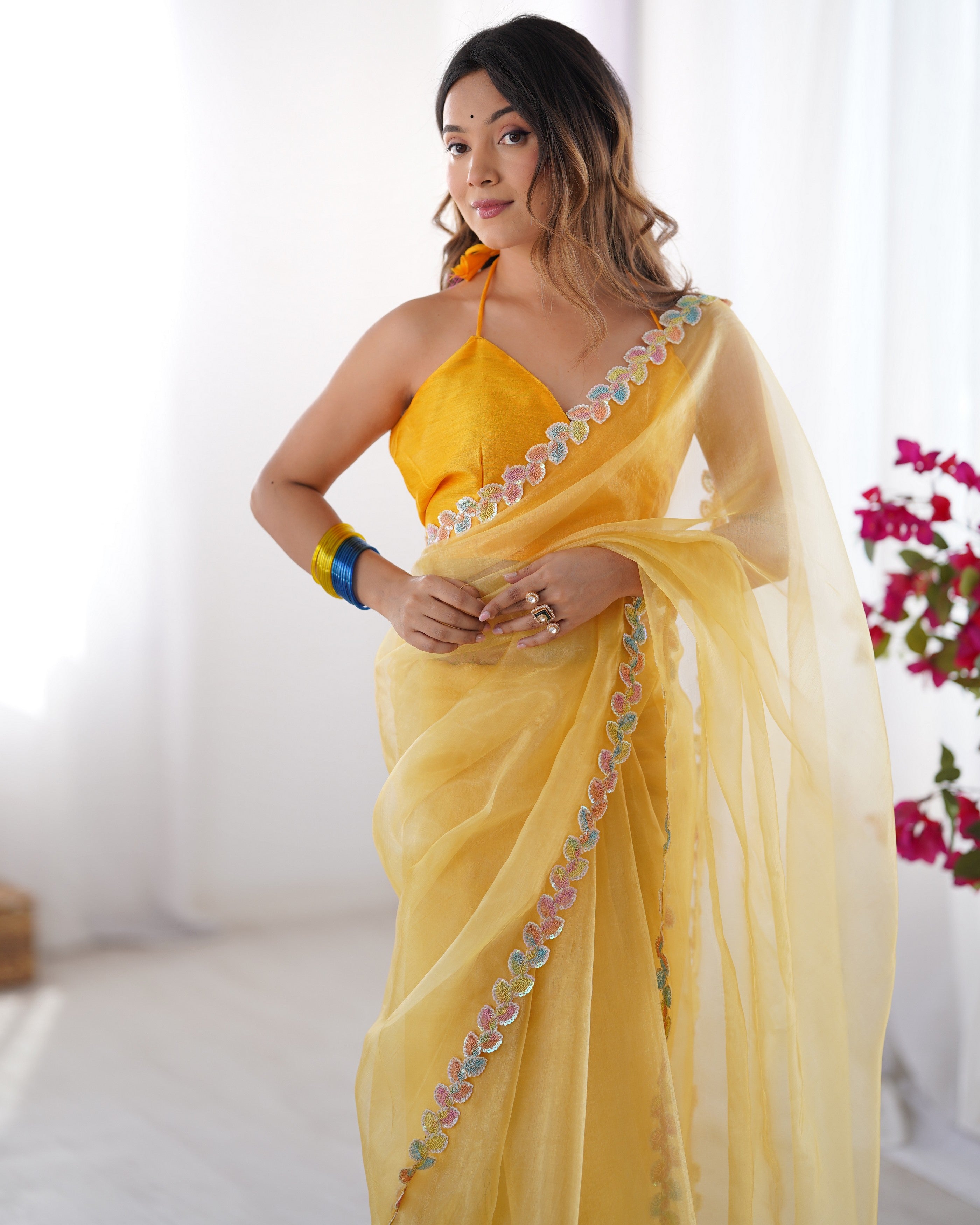 Yellow Jimmy Choo Designer Lace Work Fancy Partywear Saree
