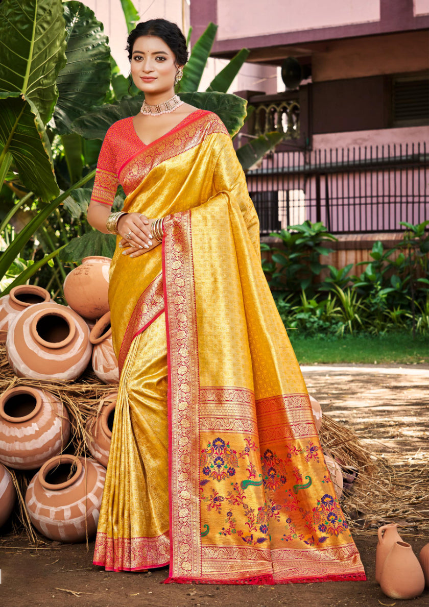 Yellow Kanjivaram Silk Saree With Sophisticated Touch and Subtle Elegance