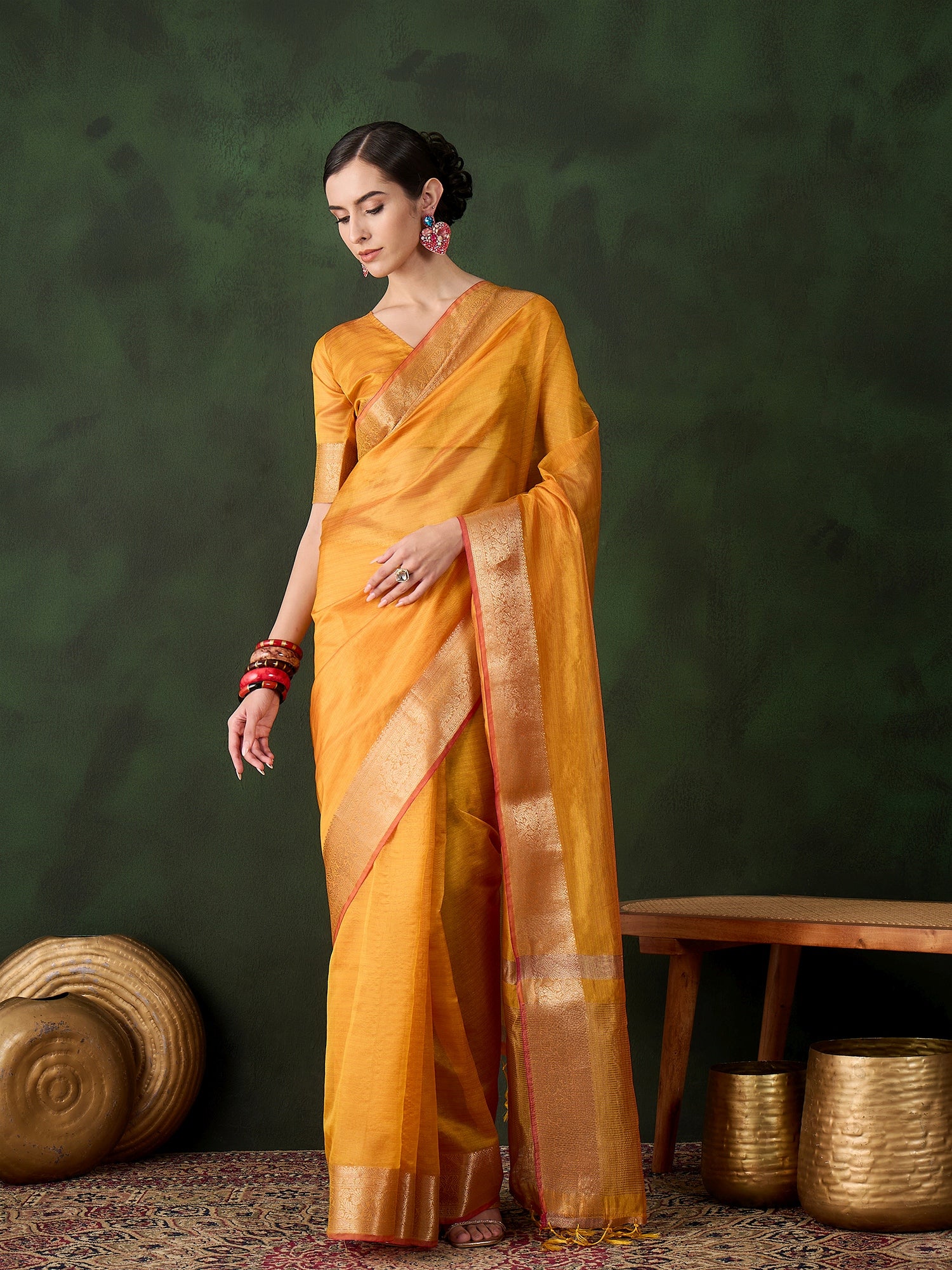 Yellow Khadi Organza Woven Jacquard Designer Traditional Festive Wear Saree