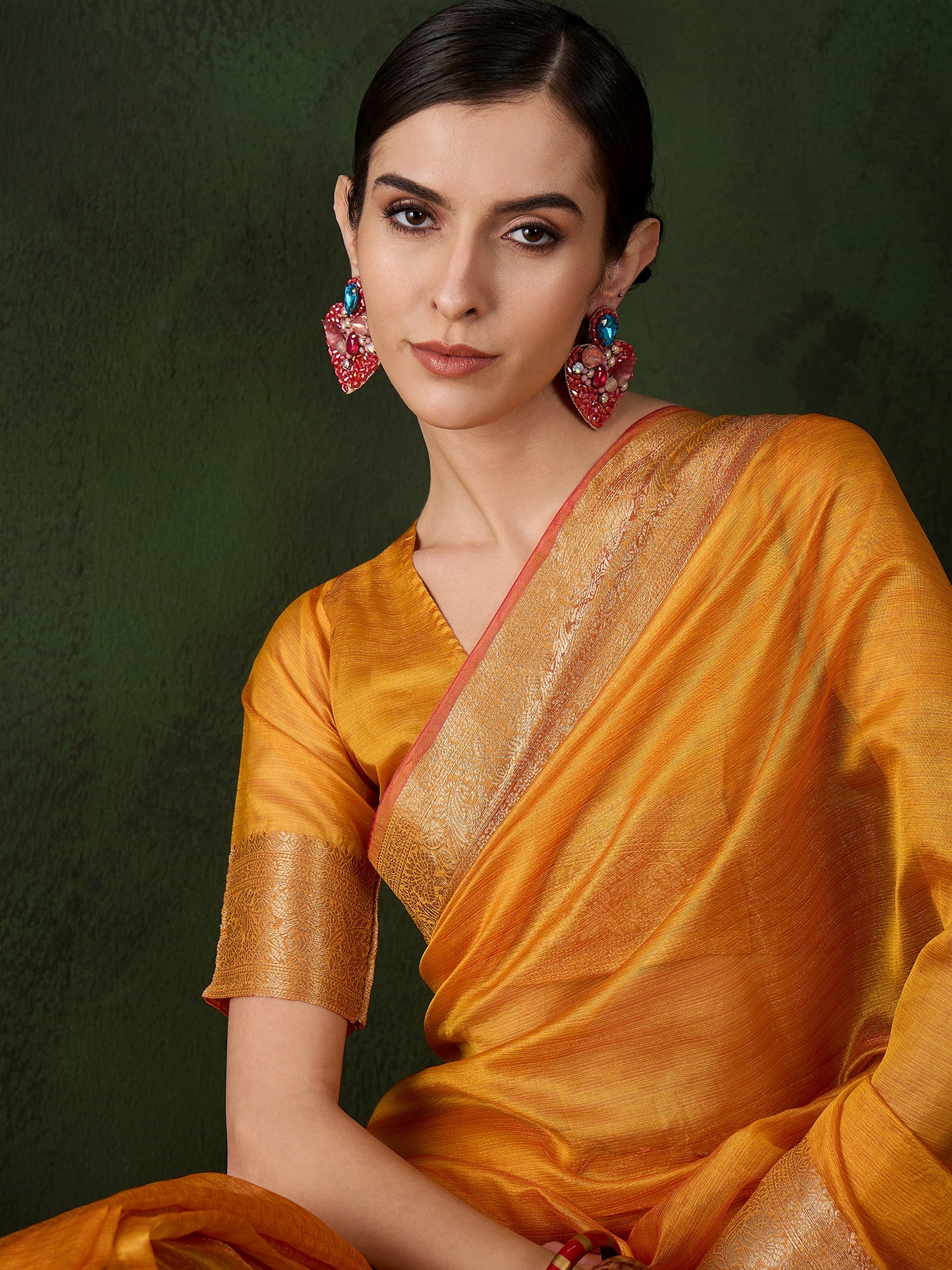 Yellow Khadi Organza Woven Jacquard Designer Traditional Festive Wear Saree