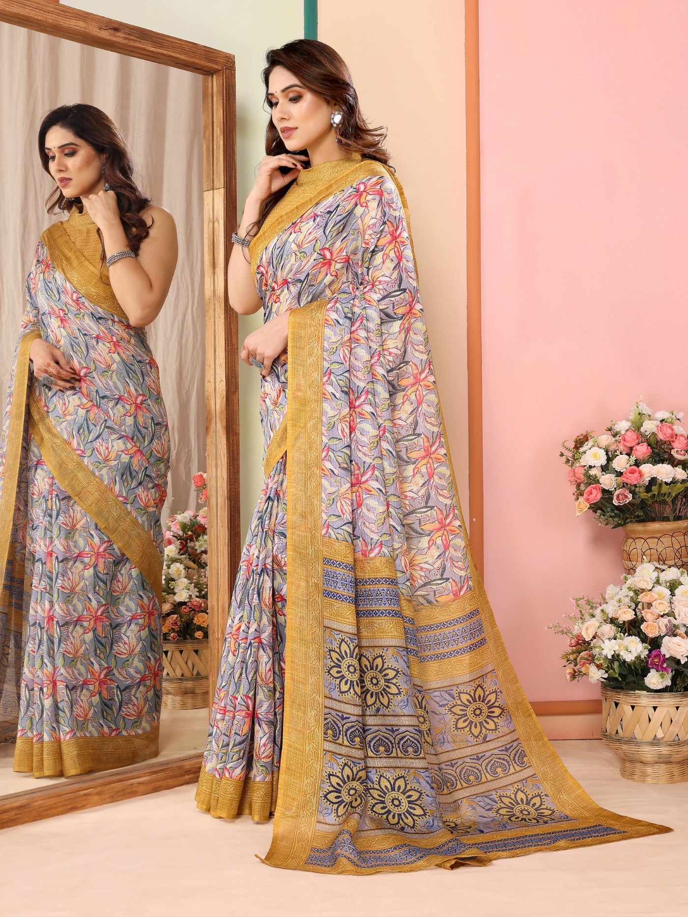 Yellow Kota Doriya Saree with Print