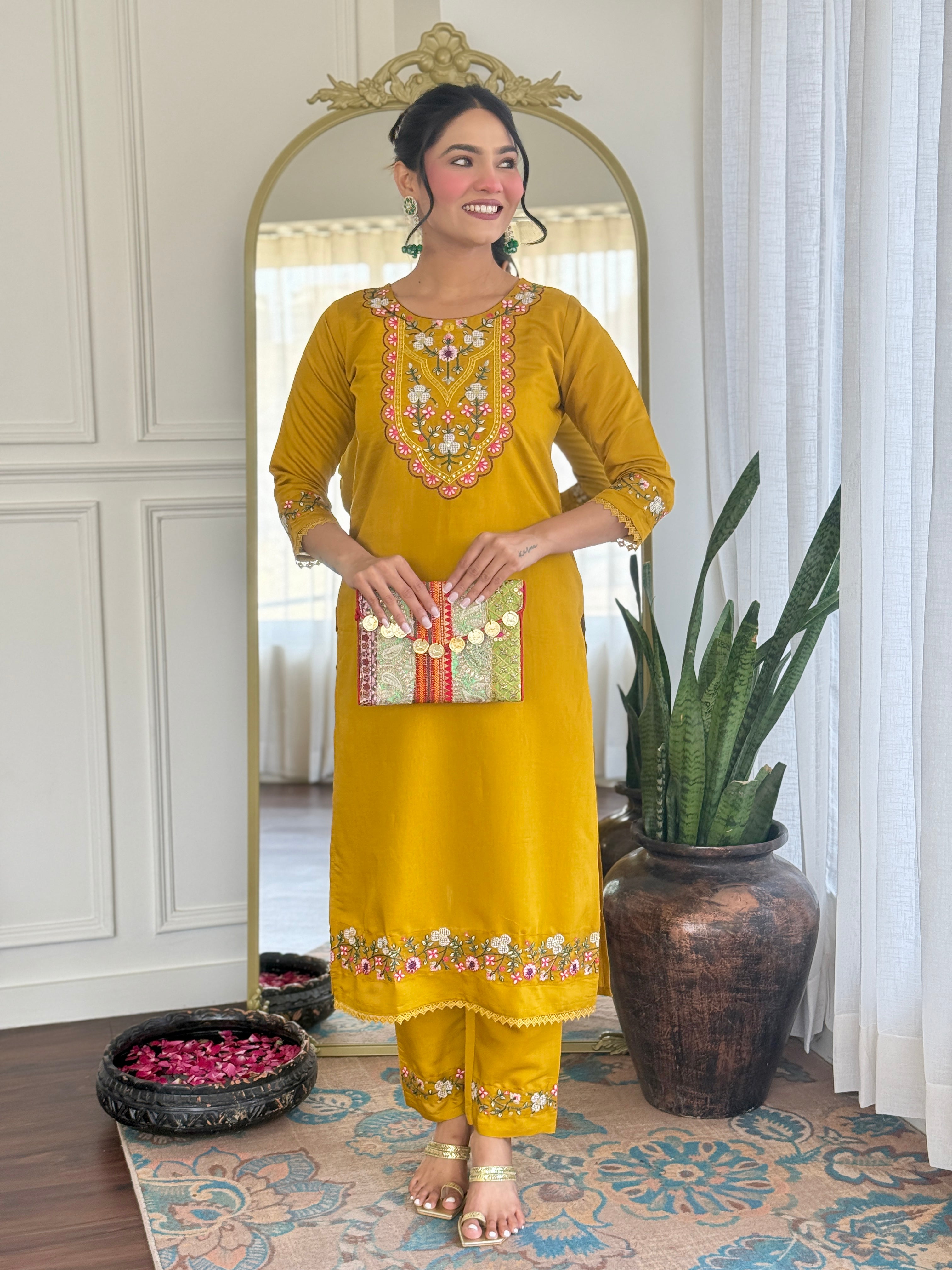 Yellow Kurta Pant Set With Heavy Thread Embroidery Work With Digital Printed Dupatta