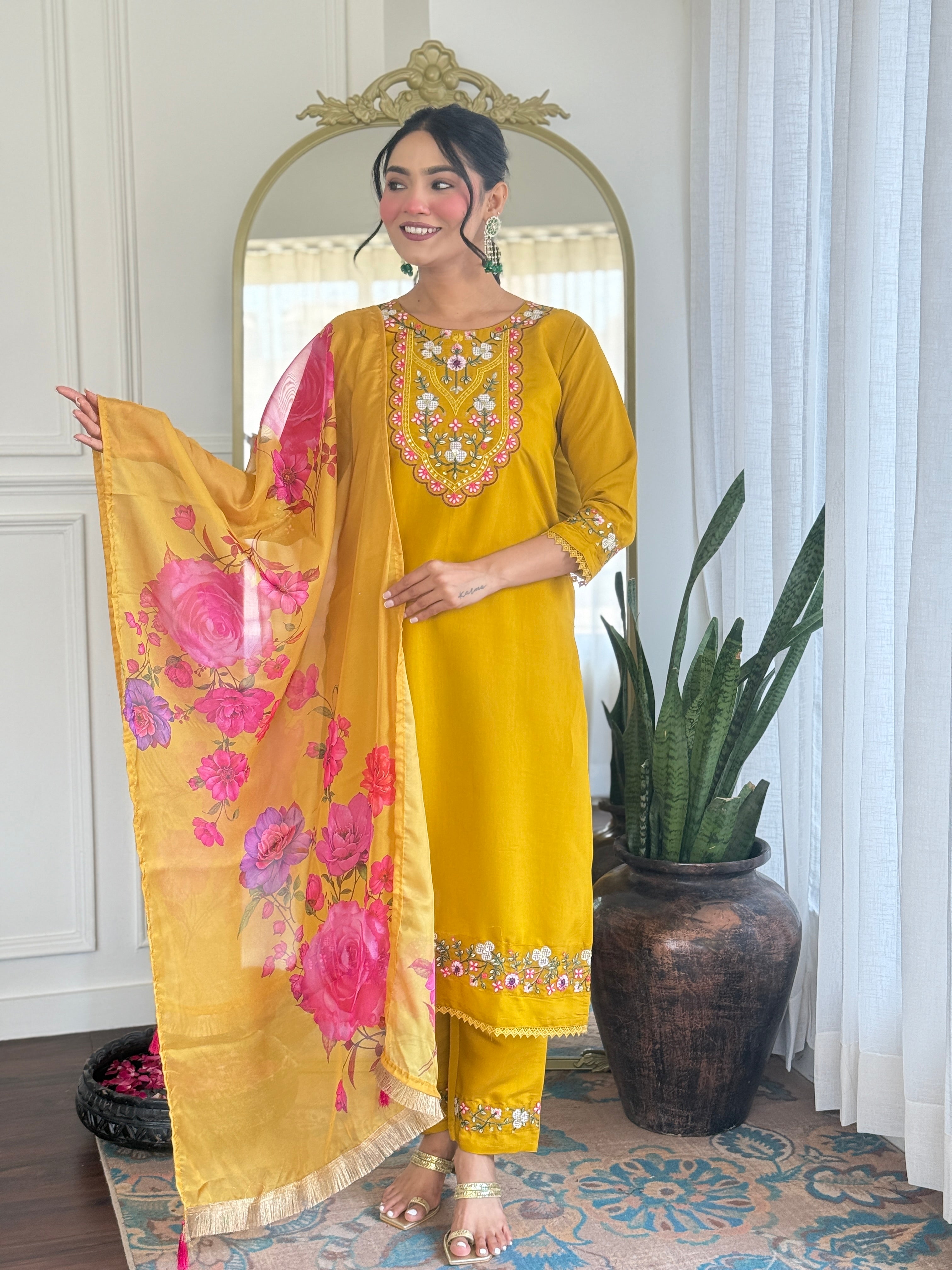 Yellow Kurta Pant Set With Heavy Thread Embroidery Work With Digital Printed Dupatta