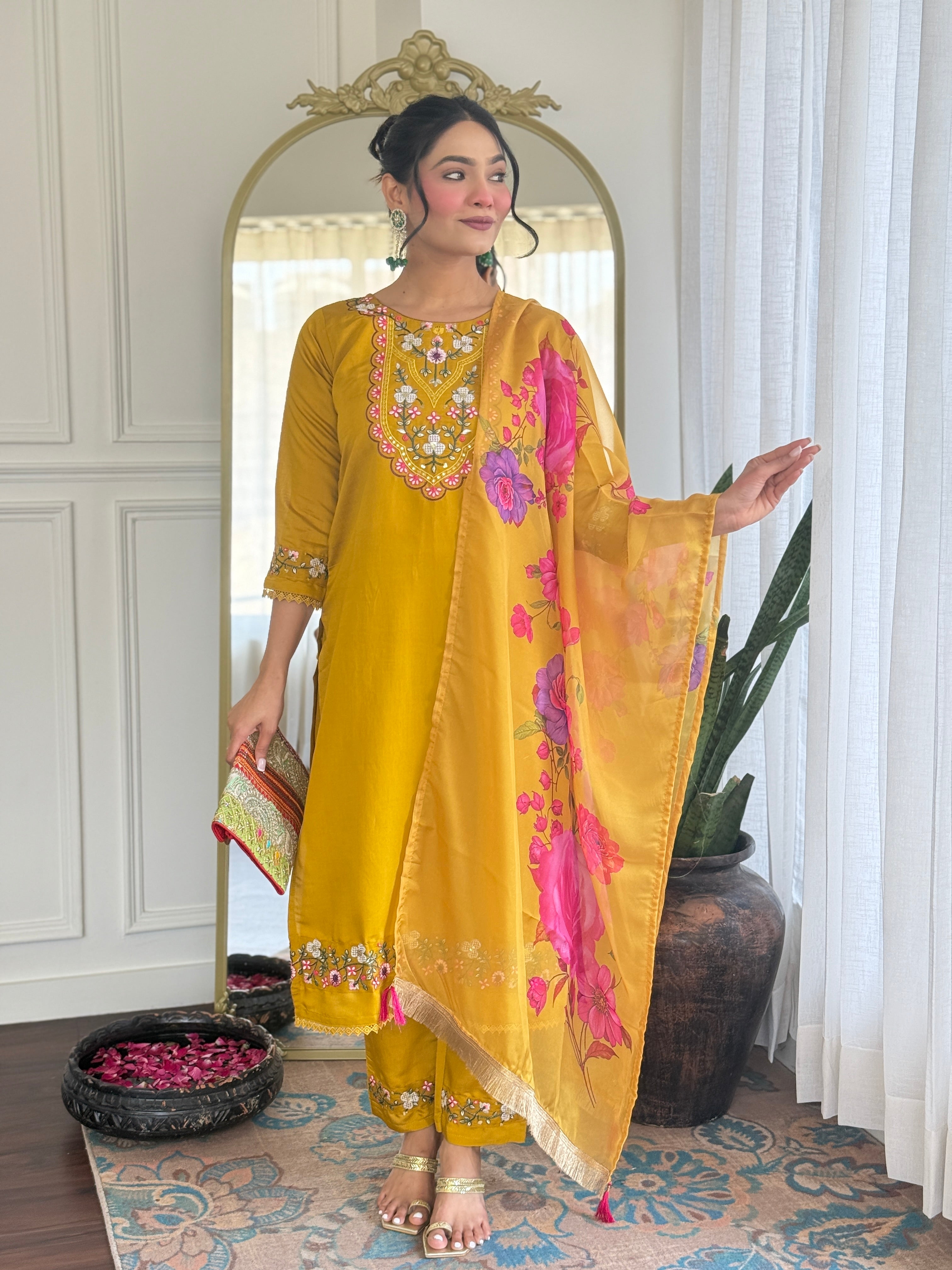 Yellow Kurta Pant Set With Heavy Thread Embroidery Work With Digital Printed Dupatta