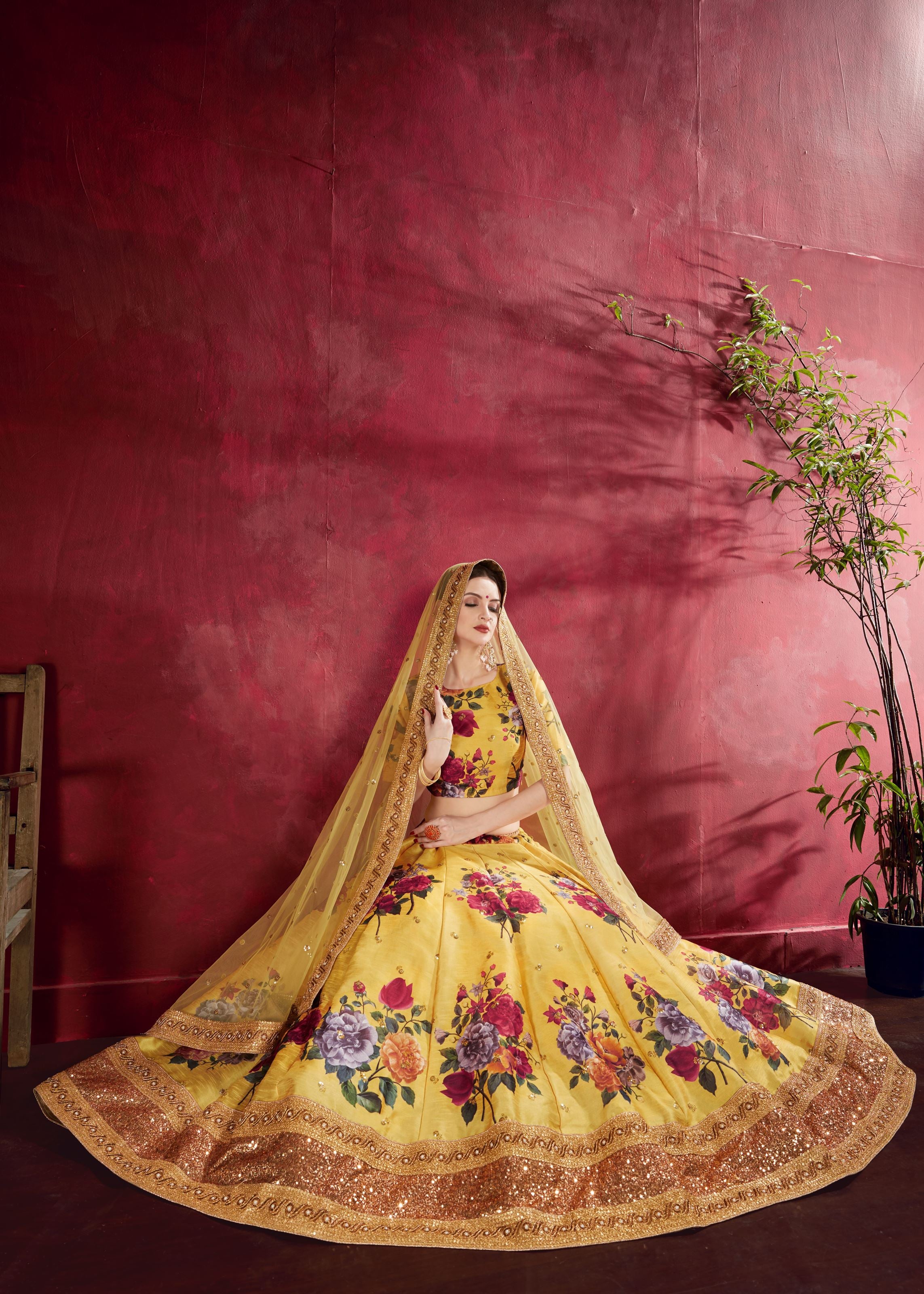 Yellow Lehenga Choli With Floral Print, Dori, Zari And Sequins Embroidery