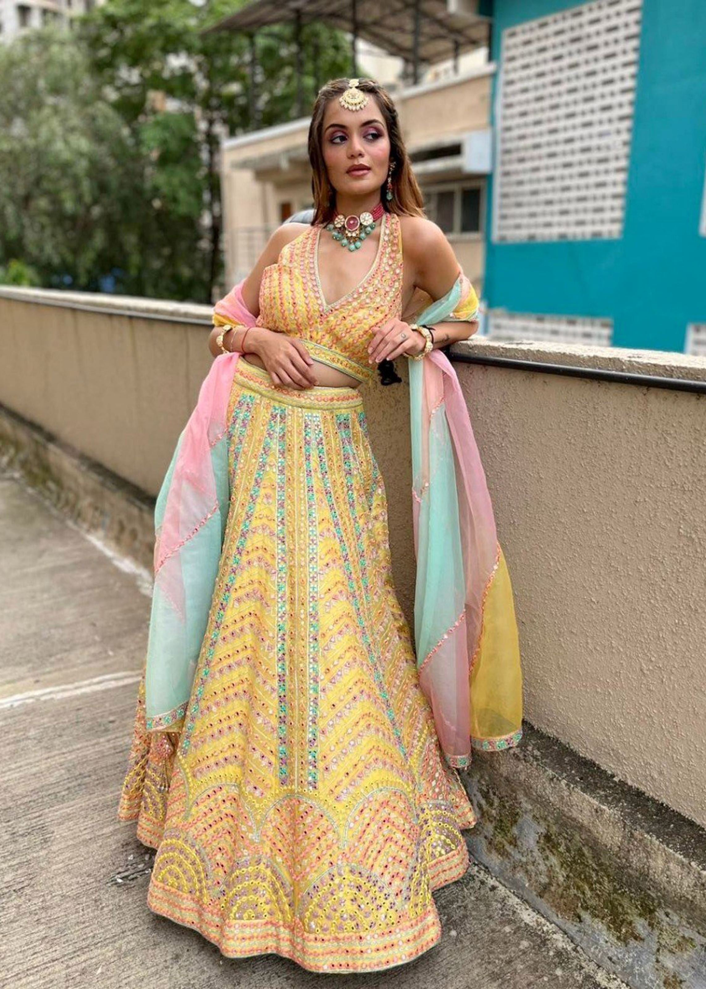 Yellow Lehenga Choli With Sequins With Multi Color Thread And Zari Embroidery Work