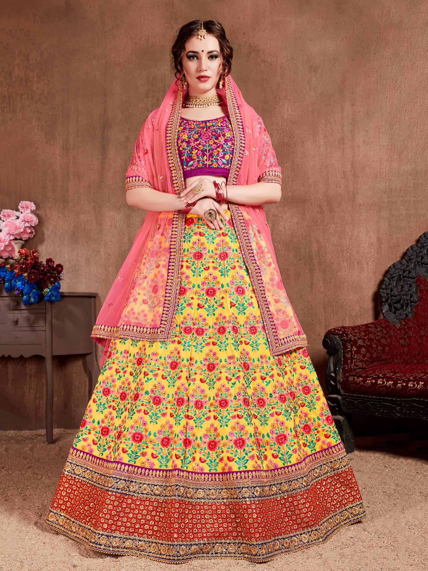 Yellow Lehenga Choli With Thread, Dori, Zari, Sequins Embroidery With Stone Work
