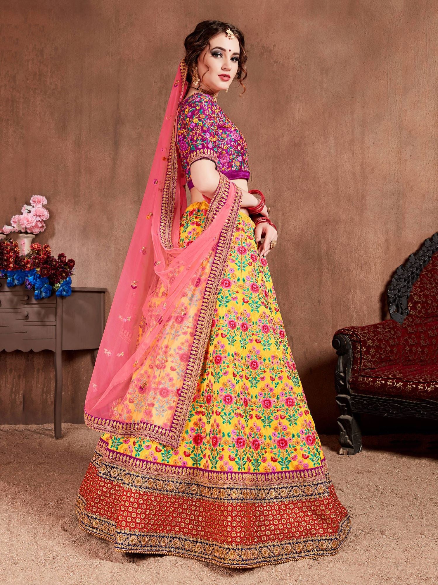 Yellow Lehenga Choli With Thread, Dori, Zari, Sequins Embroidery With Stone Work