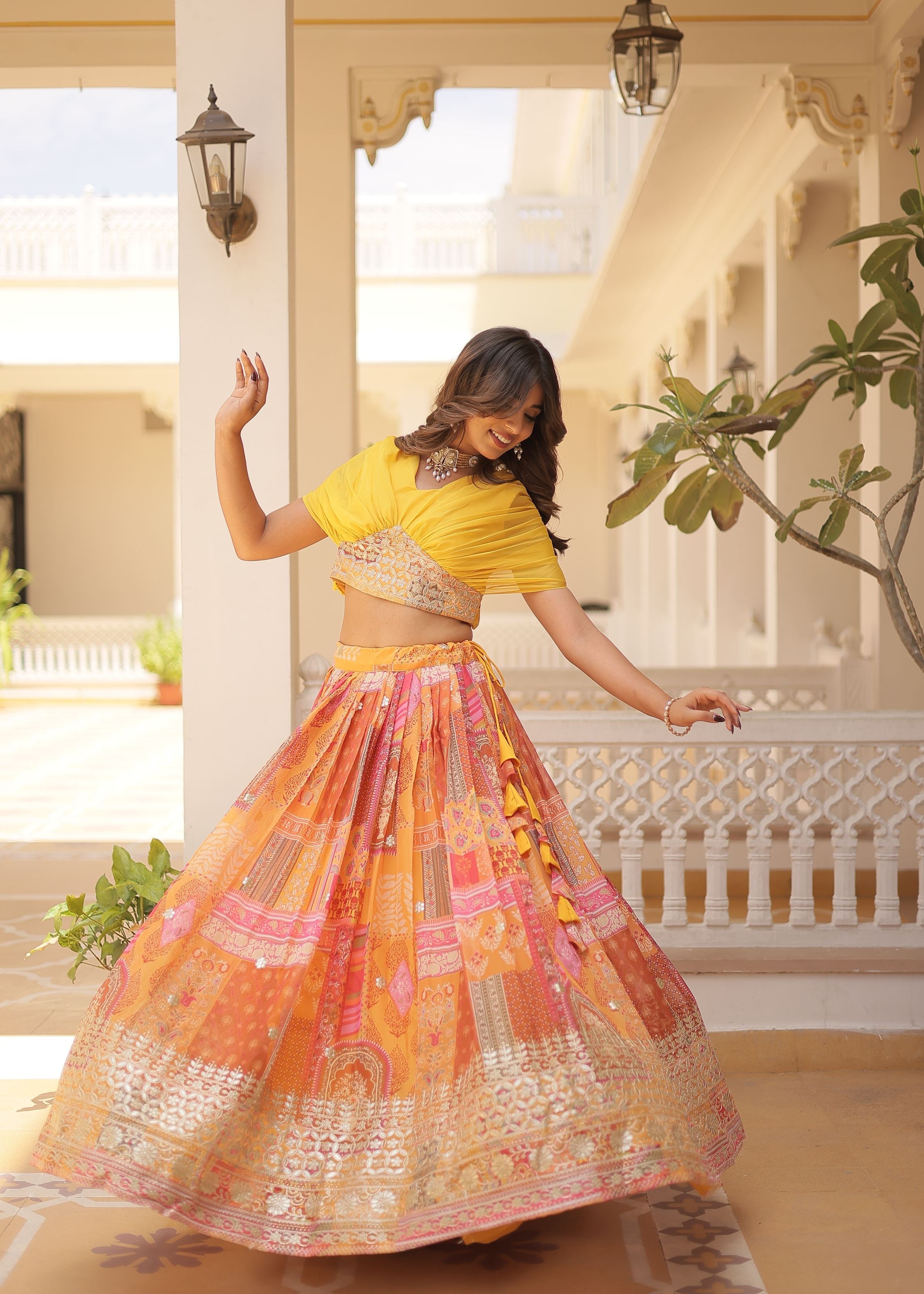 Yellow Lehenga Choli With Thread and Embroidery Work