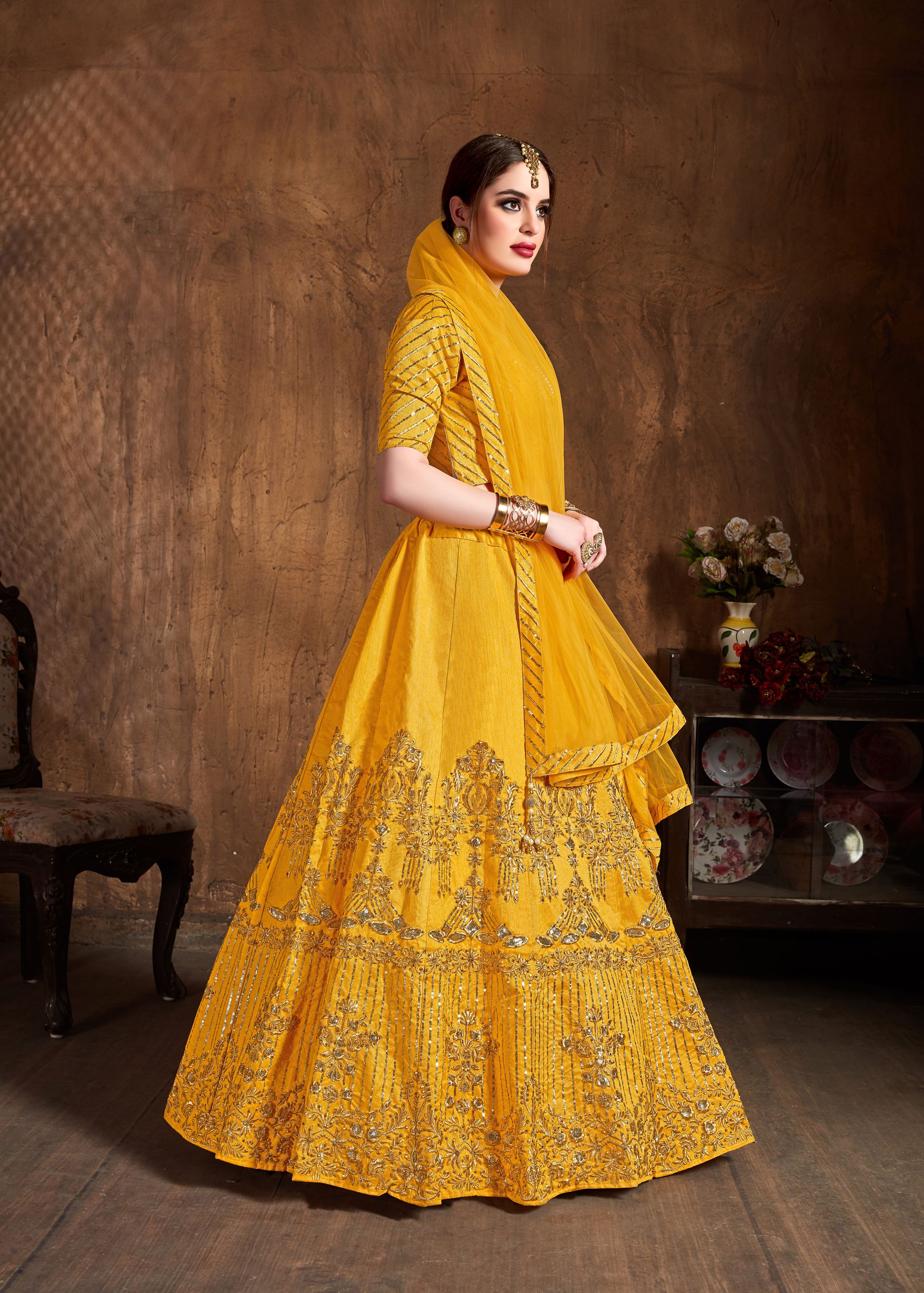 Yellow Lehenga Choli With Zari, Sequins Embroidery And Diamond Work