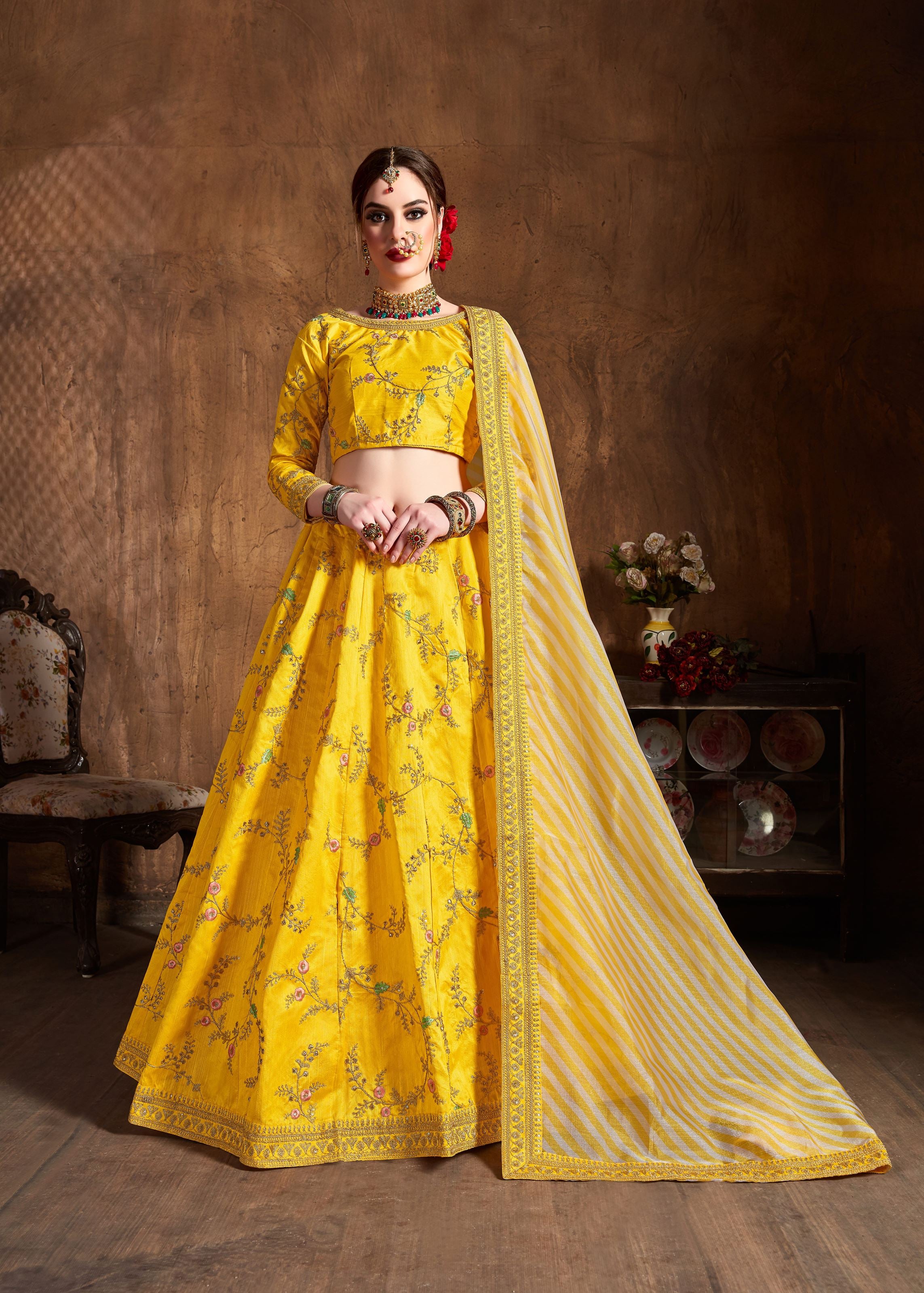 Yellow Lehenga Choli With Zari, Sequins, Thread And Dori Embroidery