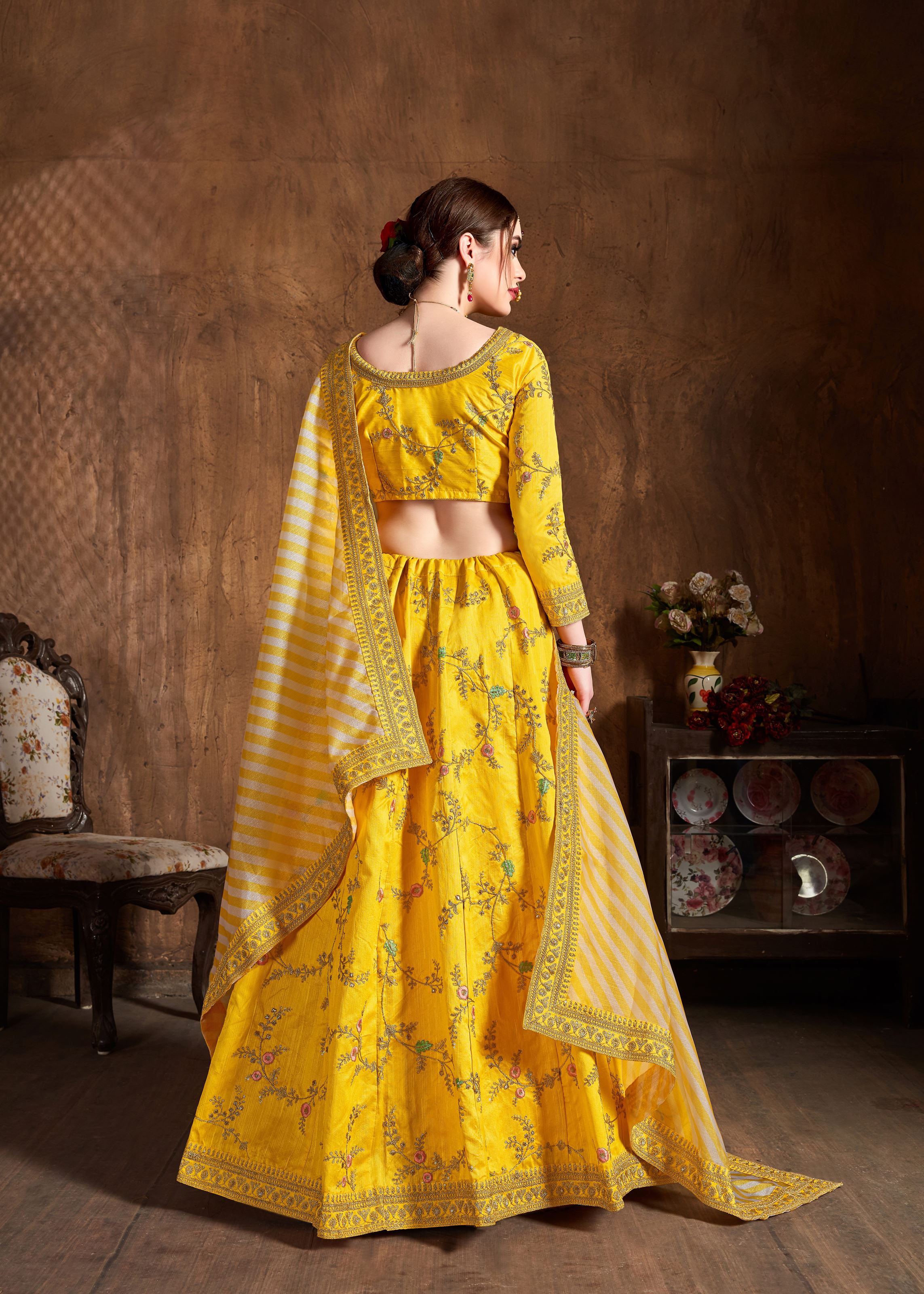 Yellow Lehenga Choli With Zari, Sequins, Thread And Dori Embroidery