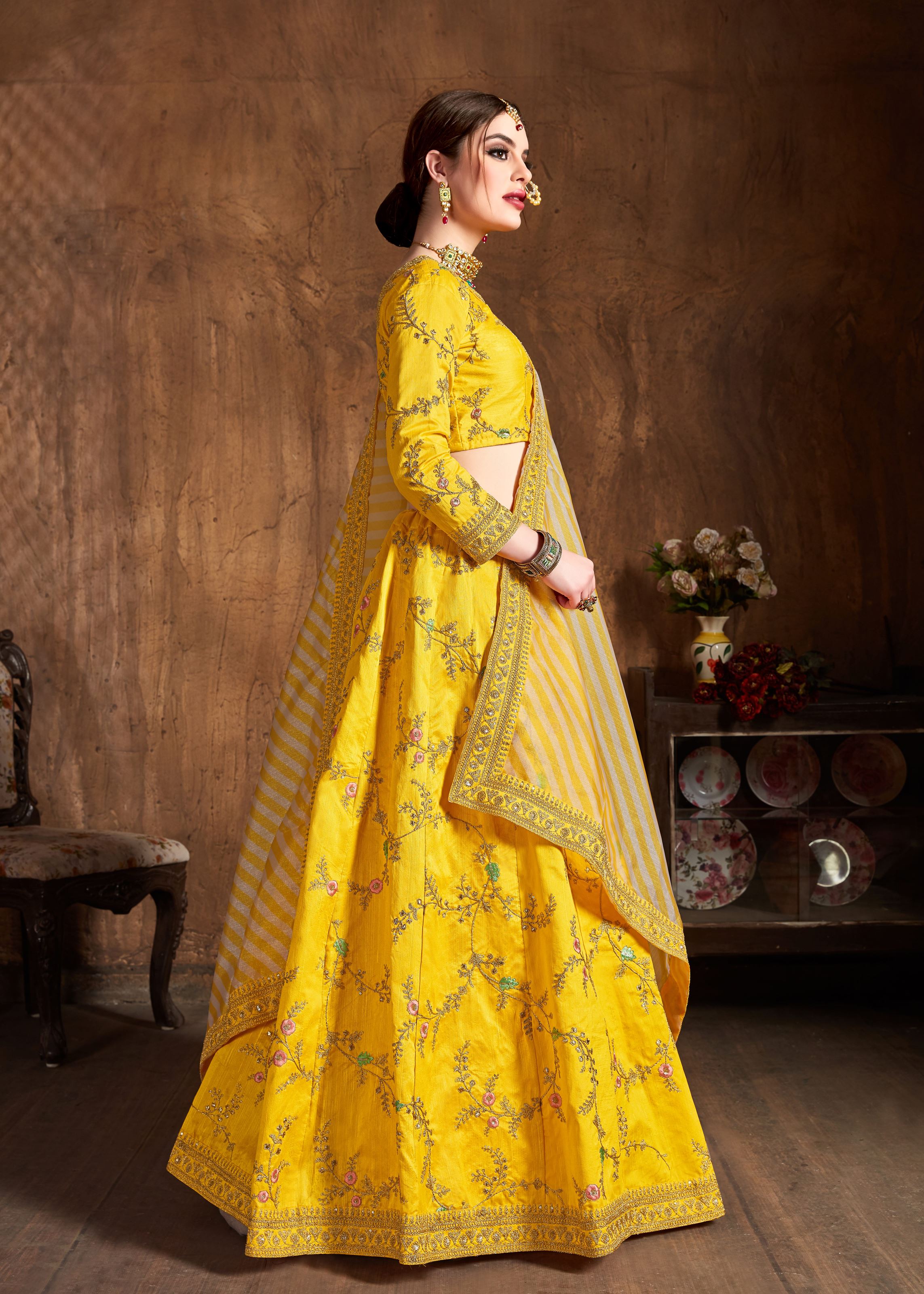 Yellow Lehenga Choli With Zari, Sequins, Thread And Dori Embroidery