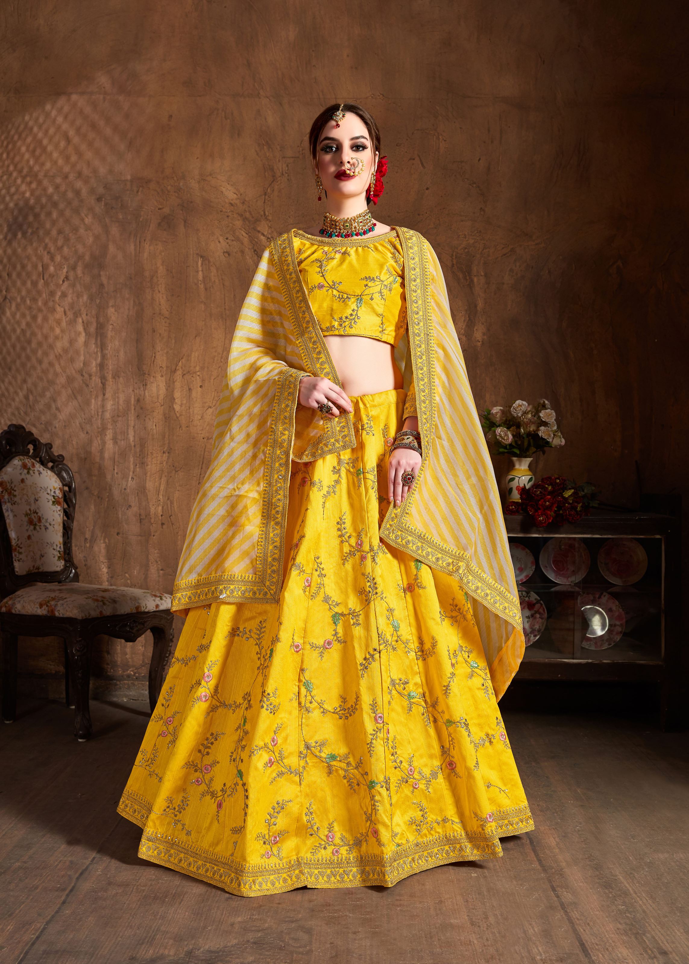 Yellow Lehenga Choli With Zari, Sequins, Thread And Dori Embroidery