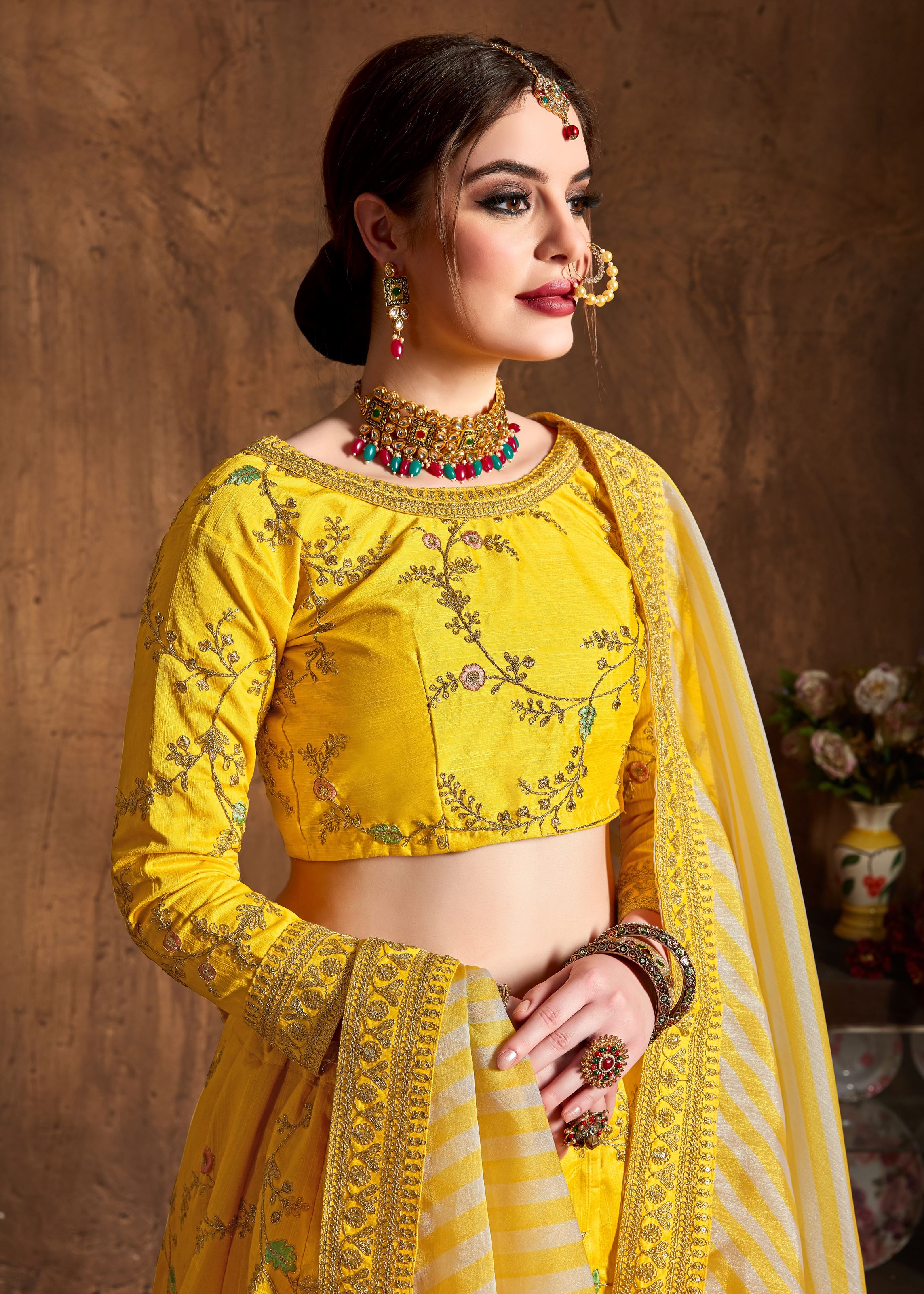 Yellow Lehenga Choli With Zari, Sequins, Thread And Dori Embroidery