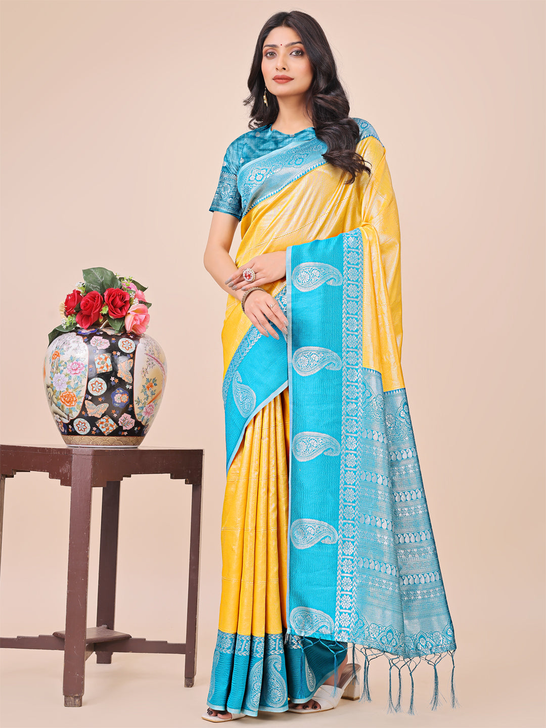 Yellow Lichi Silk Woven Designer Festive Graceful Saree