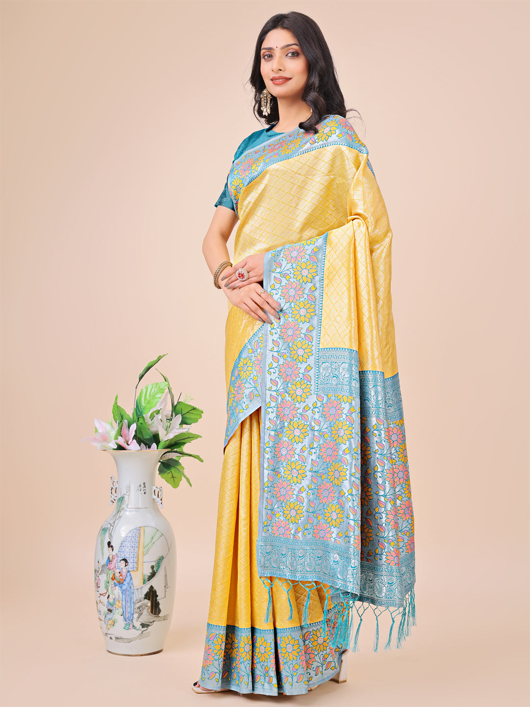 Yellow Lichi Silk Woven Designer Partywear Saree