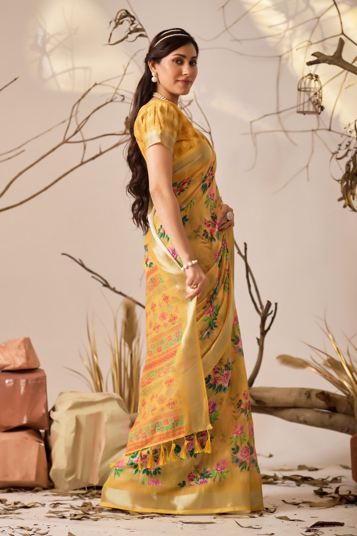 Yellow Linen Cotton Saree With Digital Printed Classic Elegant Saree