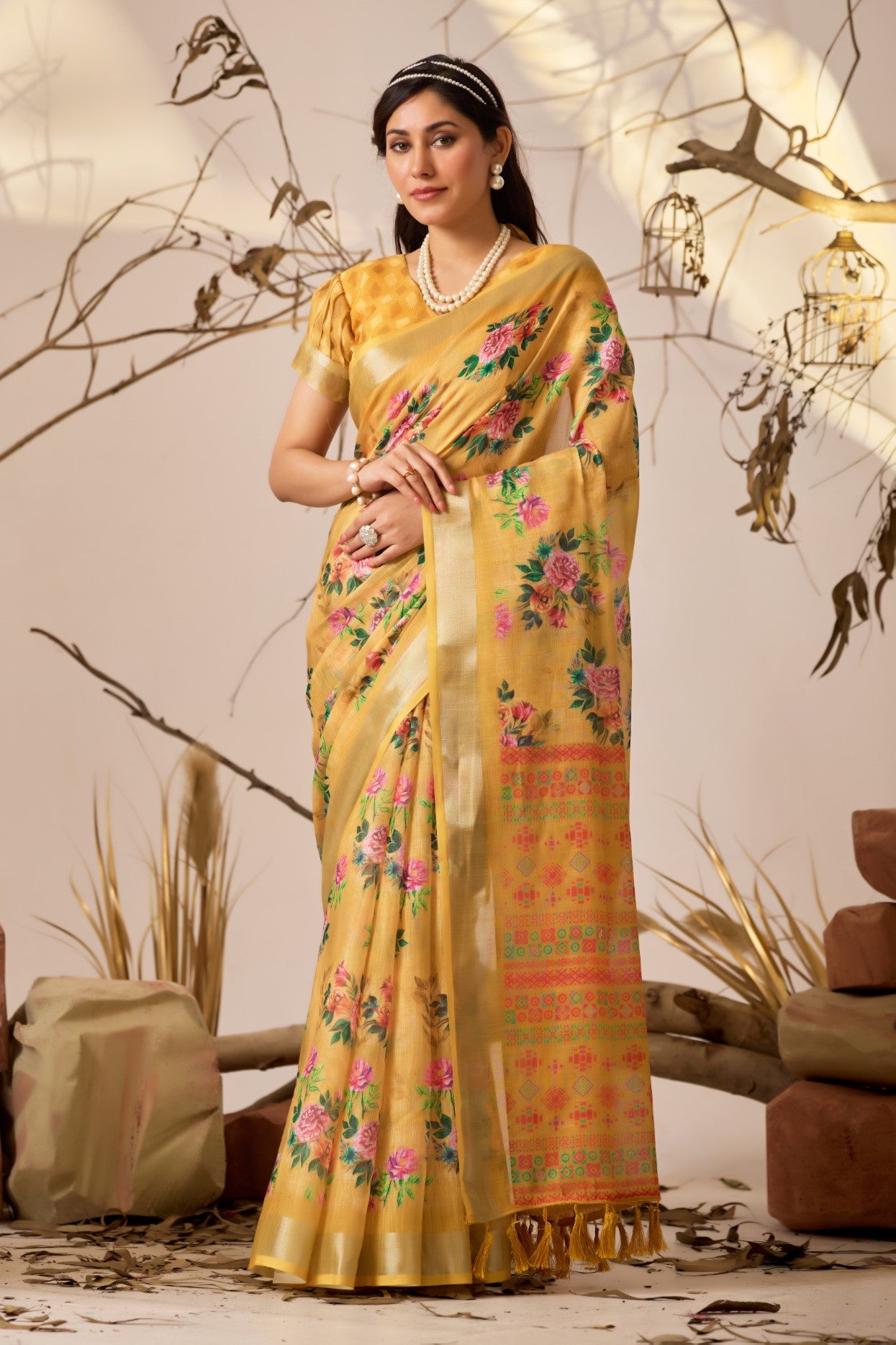 Yellow Linen Cotton Saree With Digital Printed Classic Elegant Saree