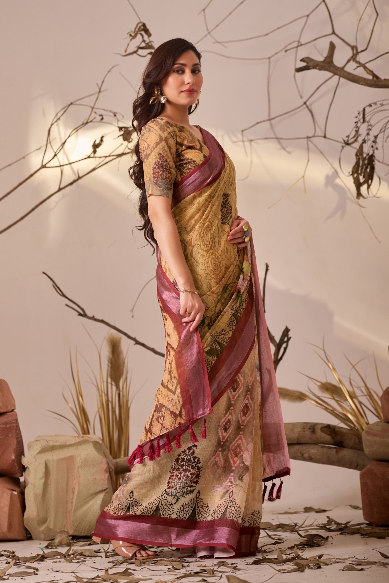 Yellow Linen Cotton Saree with Digital Print