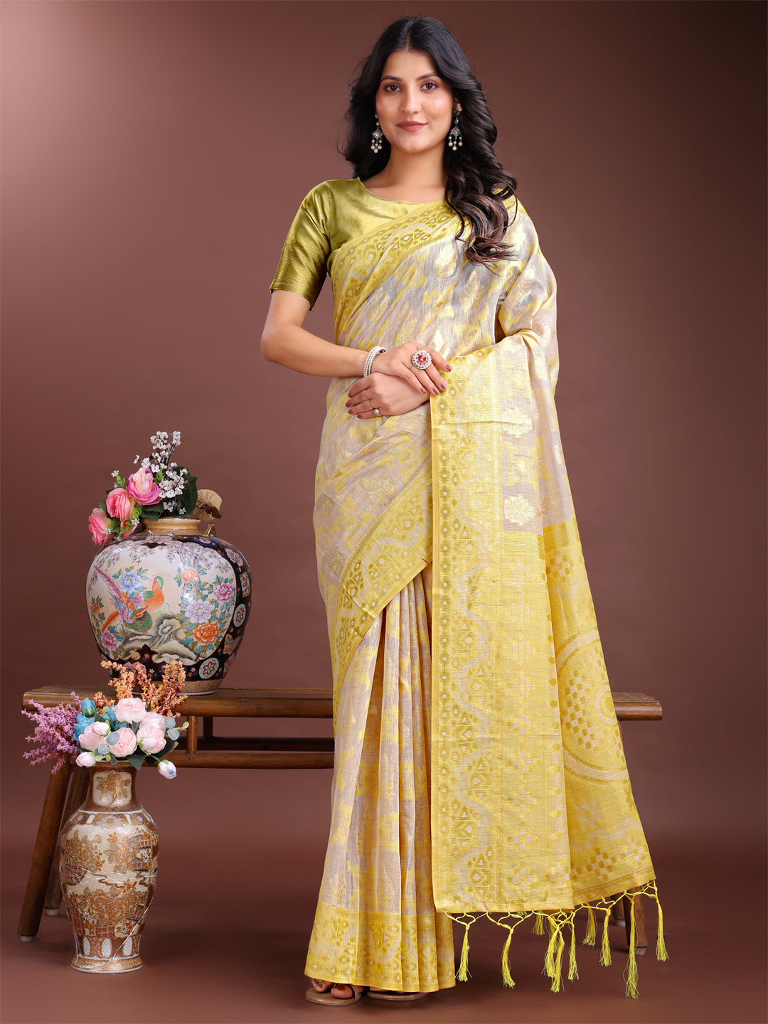 Yellow Linen Cotton Woven Jacquard Designer Beautiful Traditional Saree