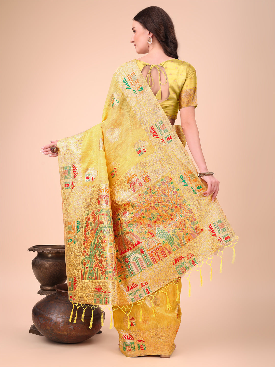 Yellow Linen Cotton Woven Jacquard Designer Ethnic Festive Wear Saree