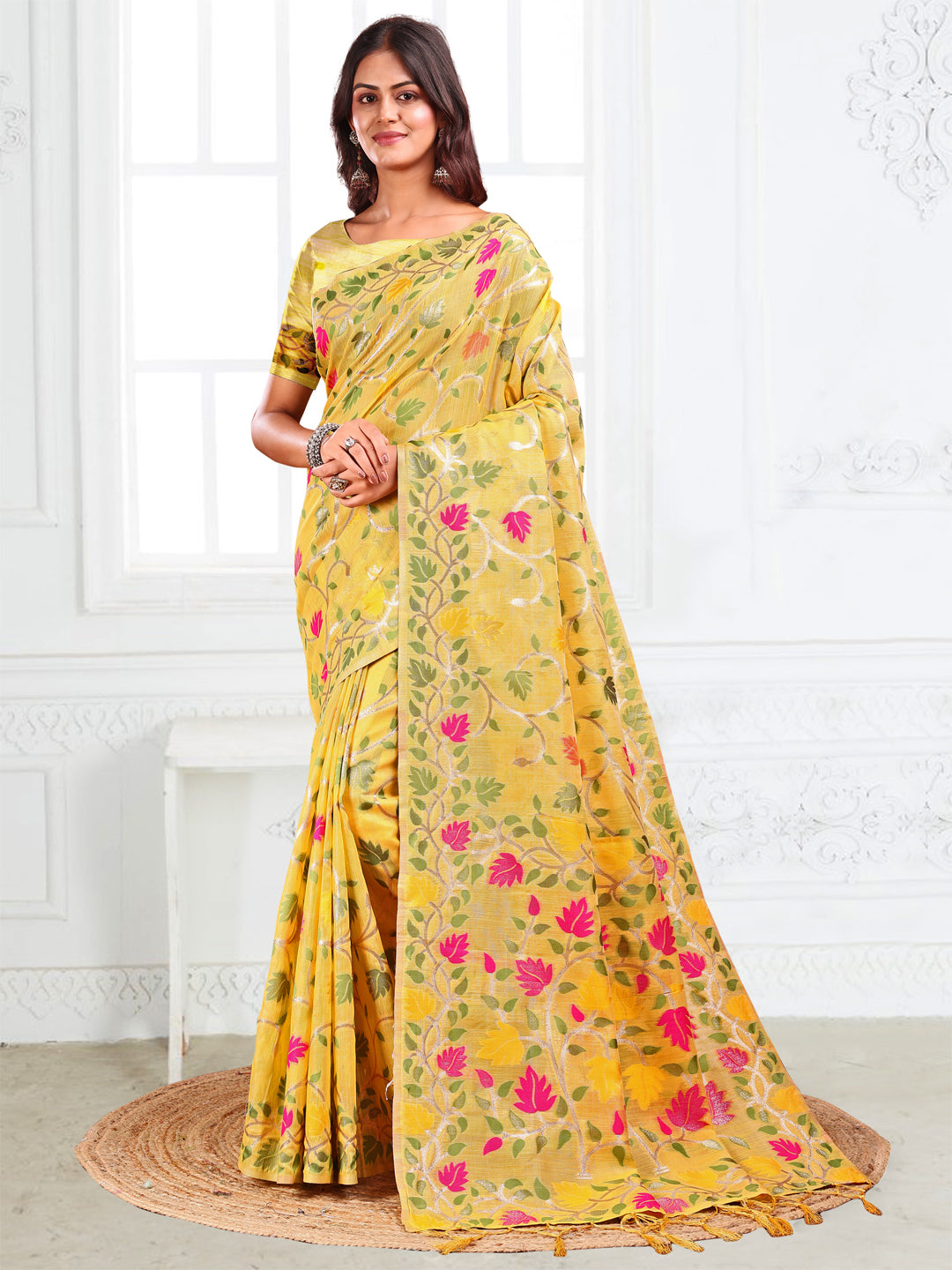 Yellow Linen Cotton Woven Jacquard Designer Fancy Saree