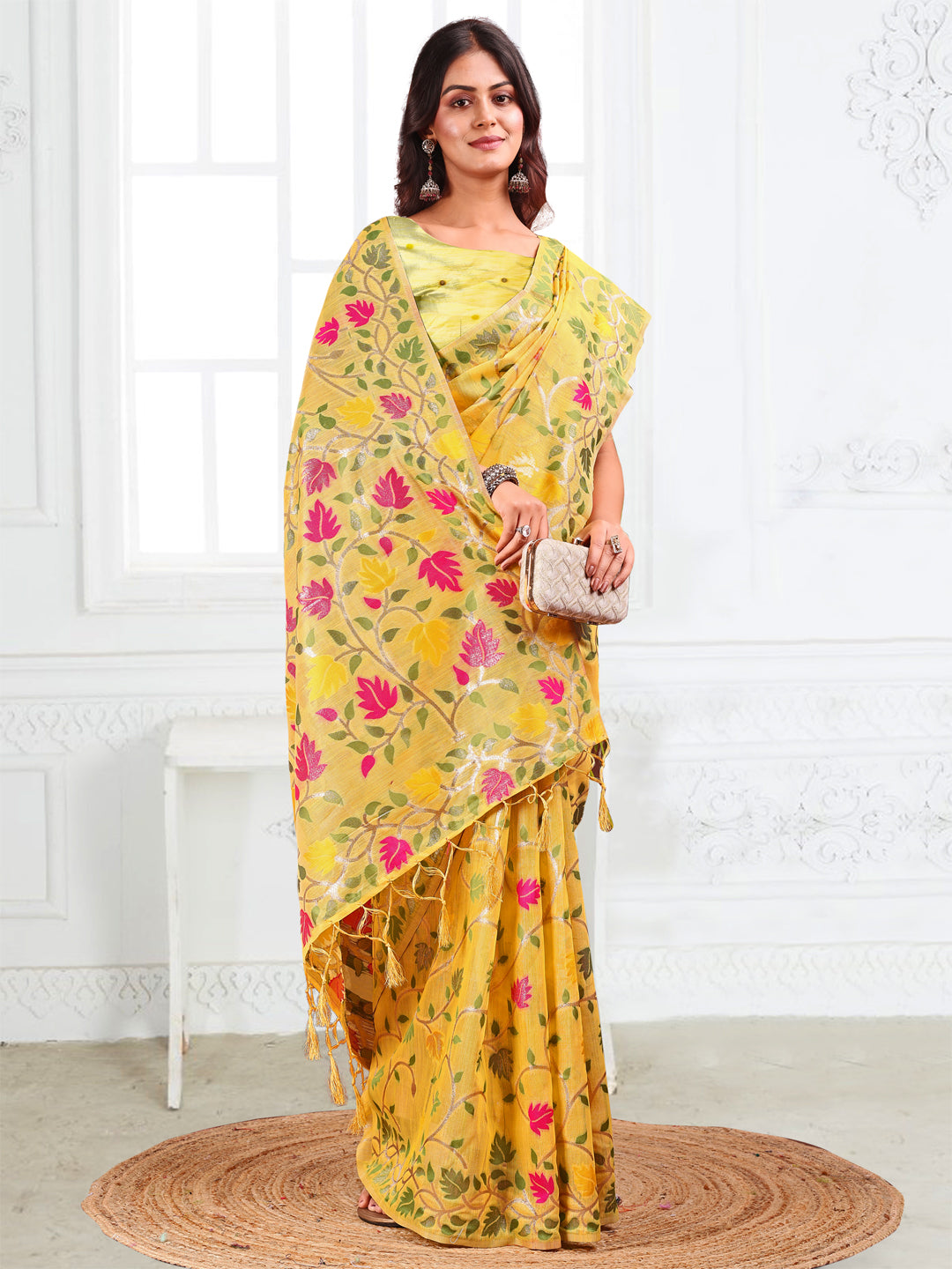 Yellow Linen Cotton Woven Jacquard Designer Fancy Saree