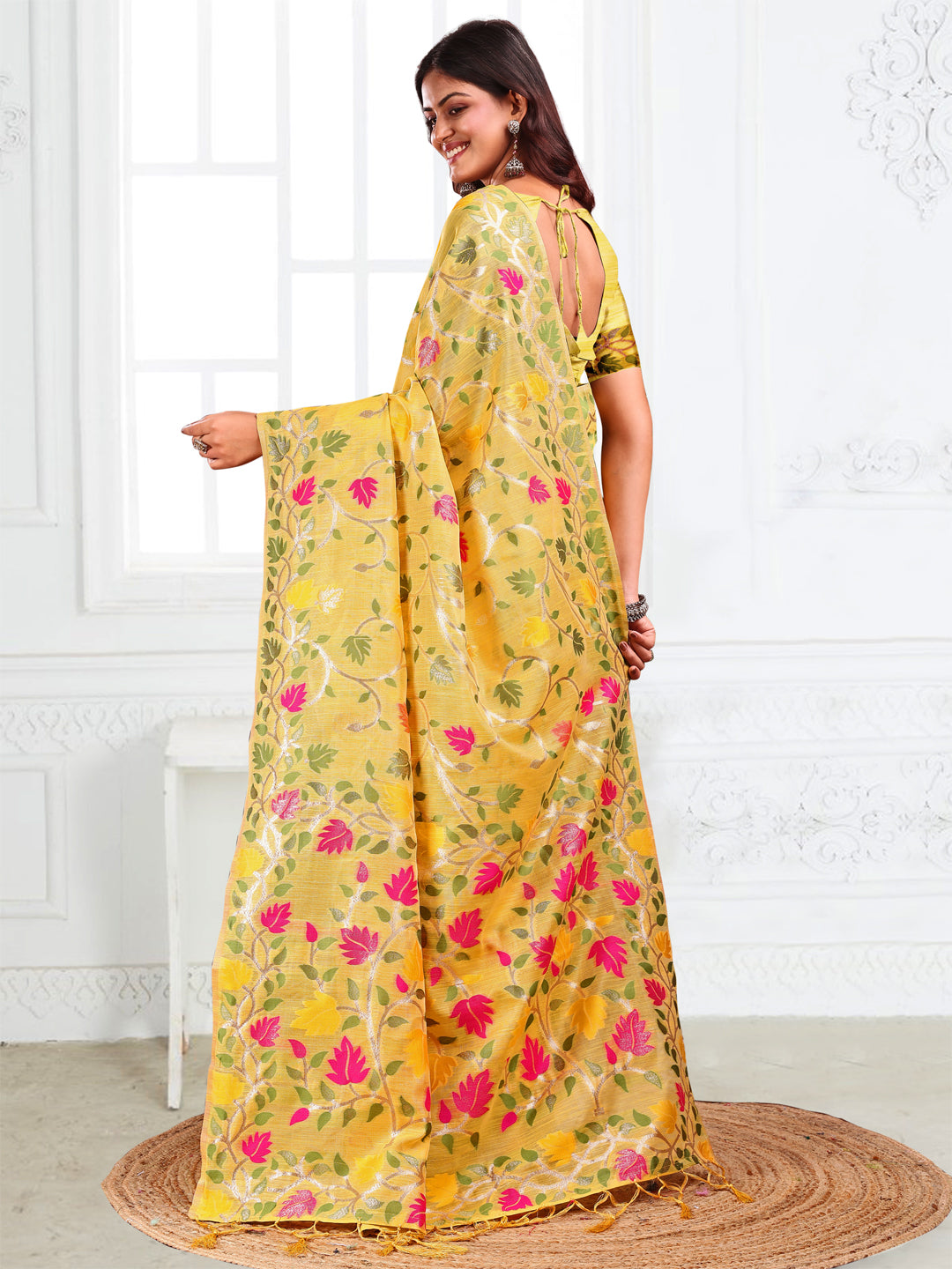 Yellow Linen Cotton Woven Jacquard Designer Fancy Saree