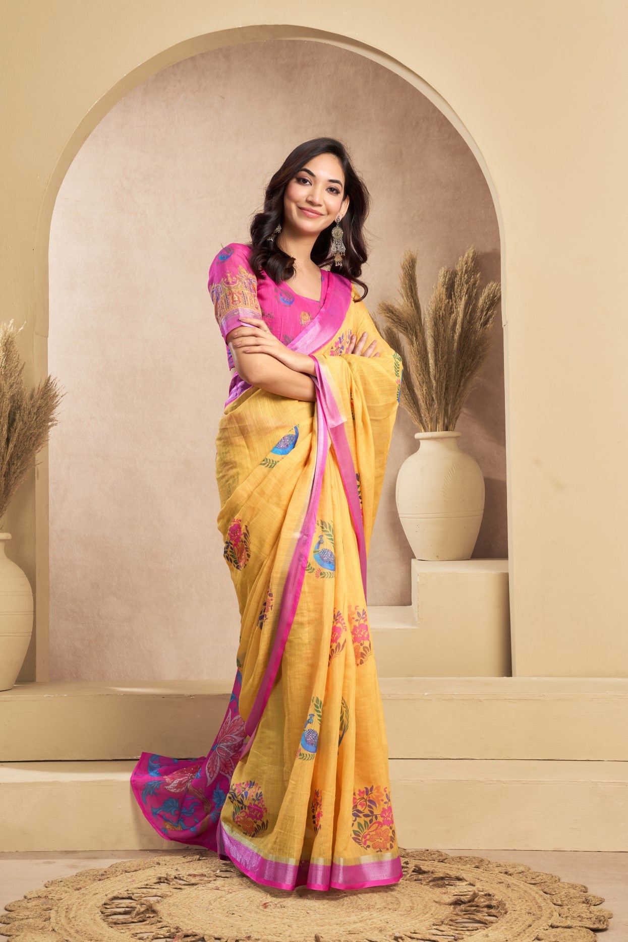 Yellow Linen Ready To Wear Saree With Zari Border Printed