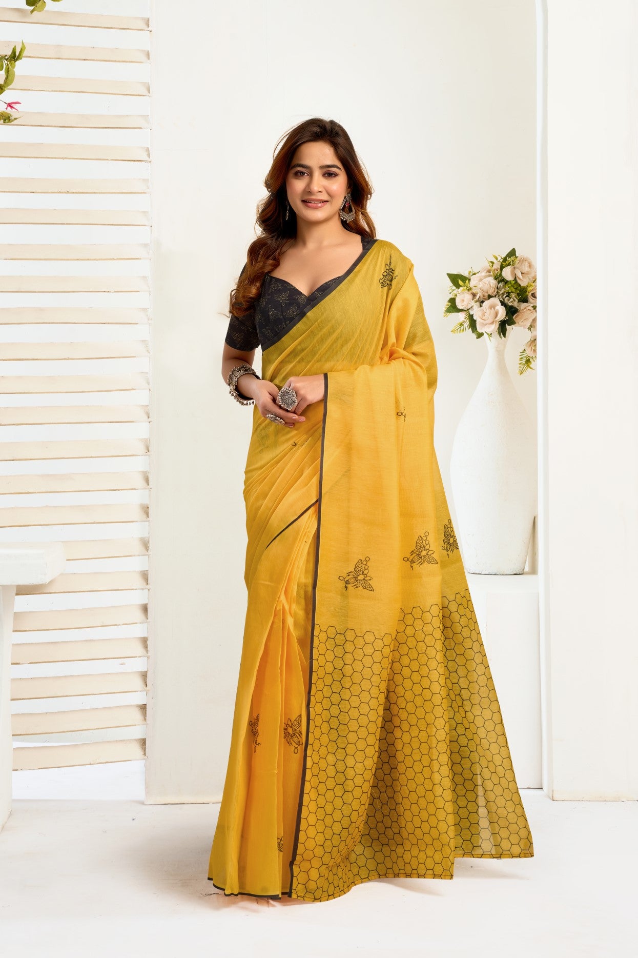 Yellow Linen Ready To Wear Saree With Zari Border Printed