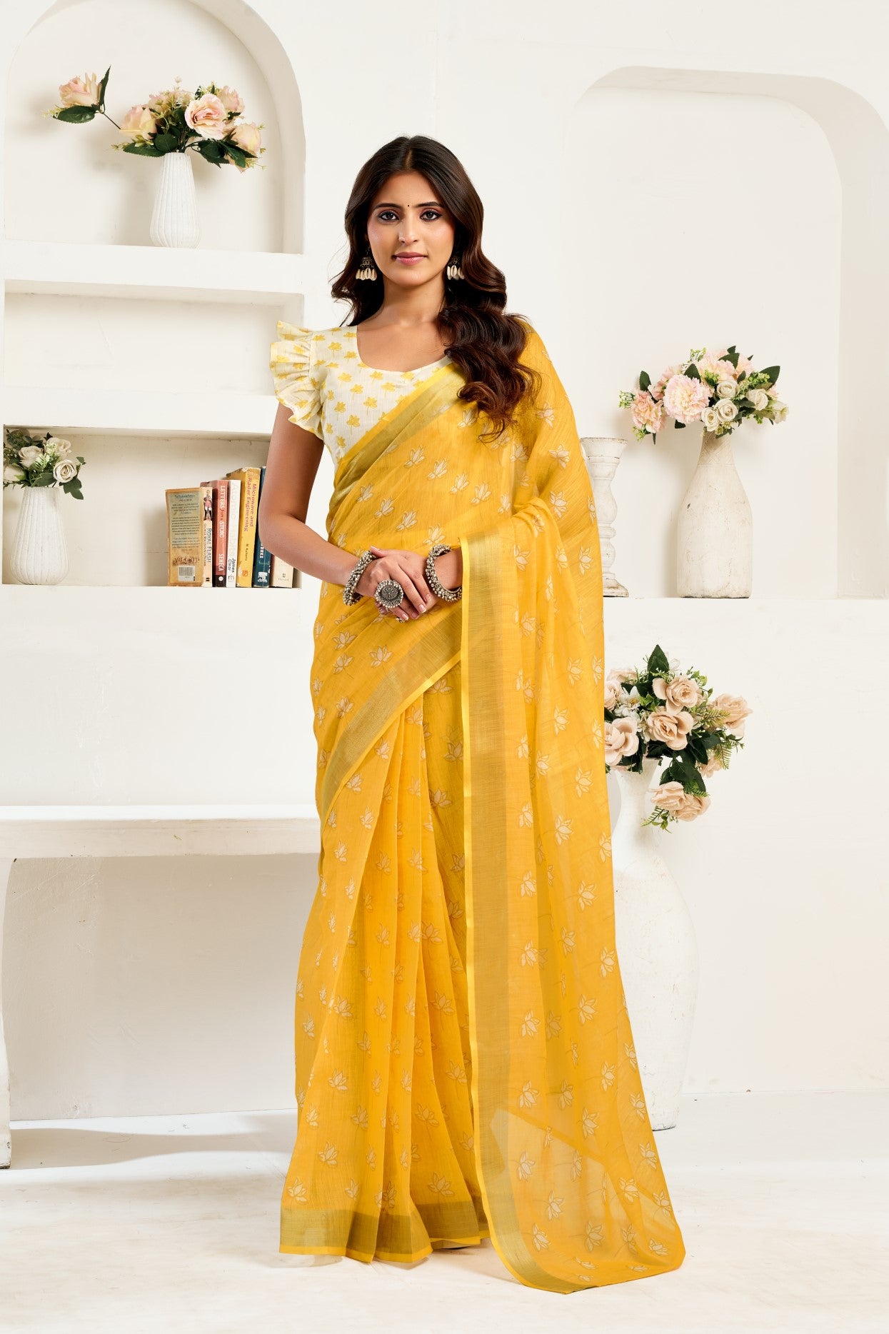 Yellow Linen Ready To Wear Saree With Zari Border Printed