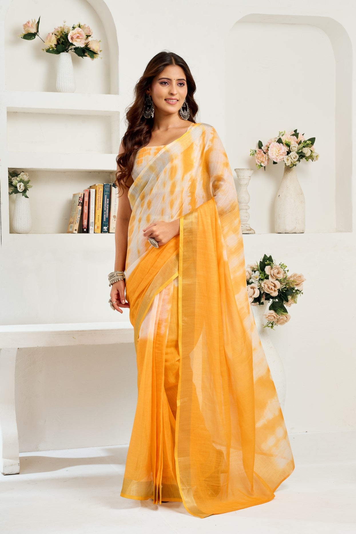 Yellow Linen Ready To Wear Saree With Zari Border Printed