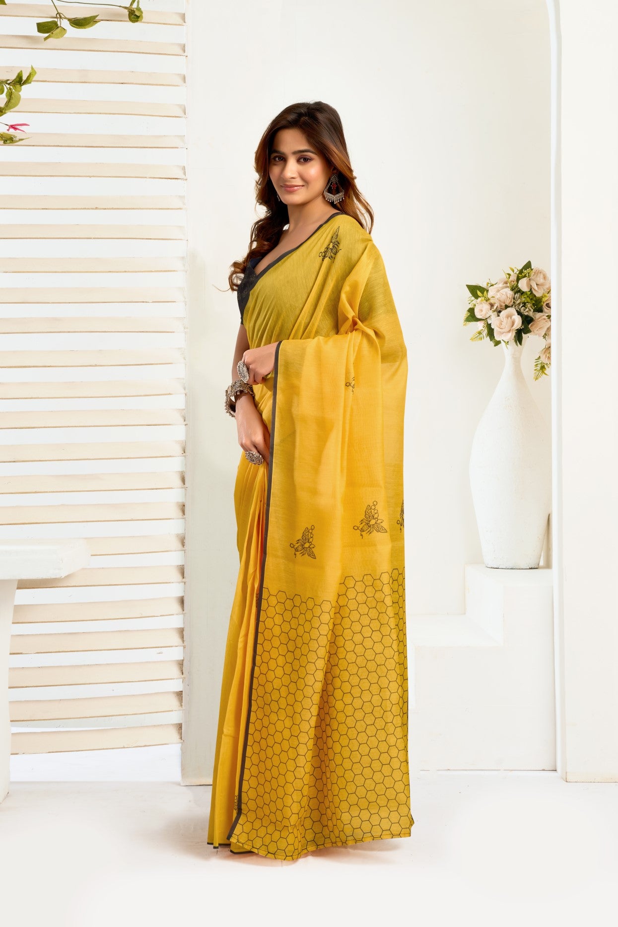 Yellow Linen Ready To Wear Saree With Zari Border Printed