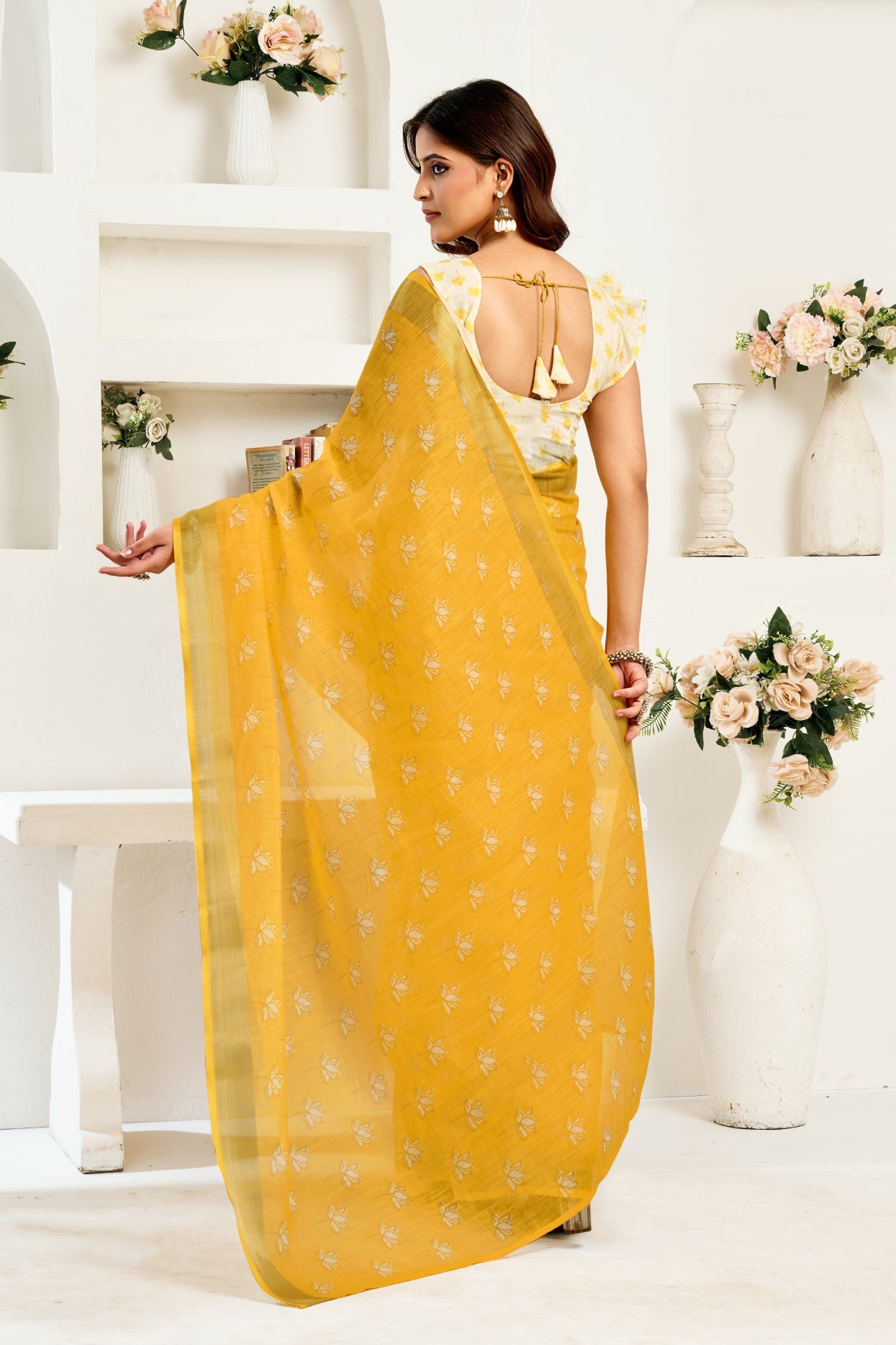 Yellow Linen Ready To Wear Saree With Zari Border Printed