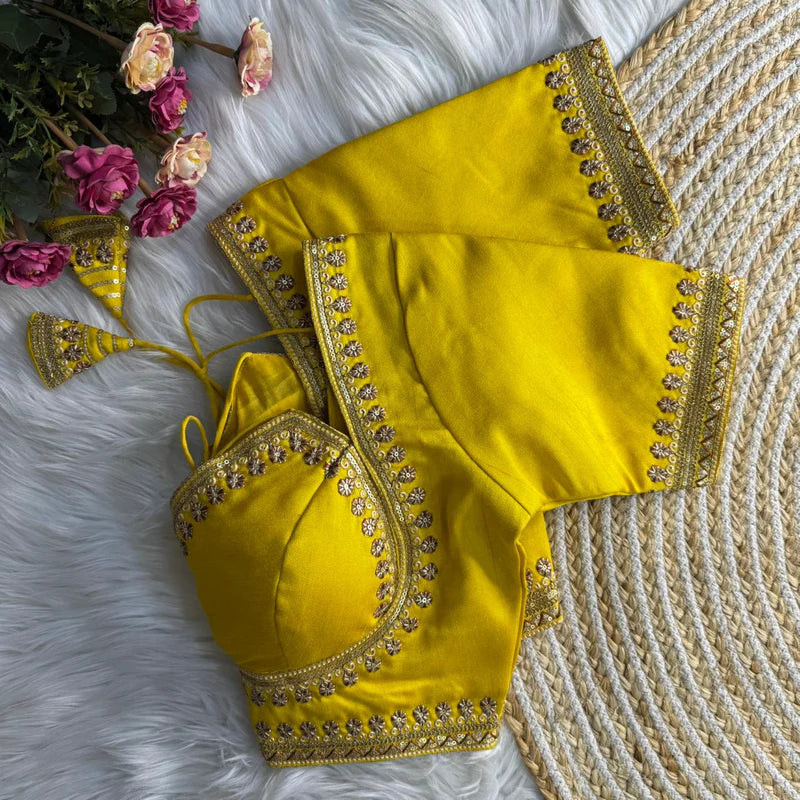 Yellow Luxe Bridal Masaba-Inspired Italian Silk Blouse with Embroidery & Sequins