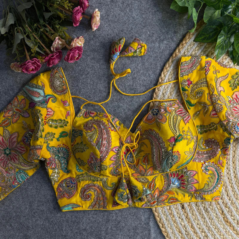 Yellow Luxe Masaba-Inspired Silk Blouse with Embroidery & Sequins