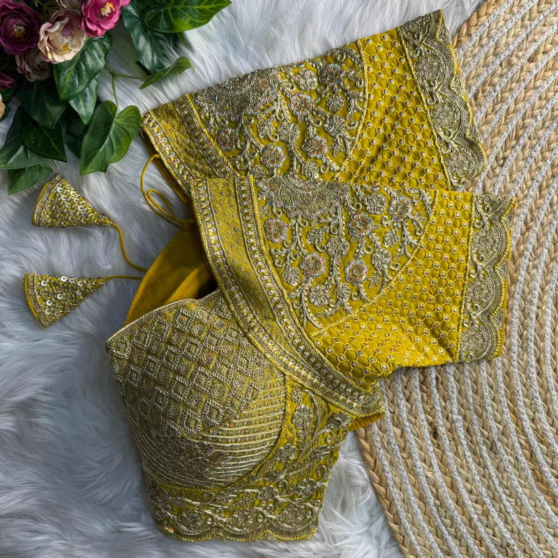 Yellow Madhubala Style Inspired Heavy Gold Jari Work Bridal Blouse in Roman Silk with Embroidery & Sequins