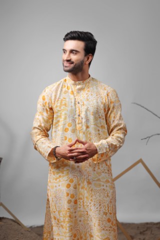 Yellow Modal Silk Designer Printed Ethnic Ceremonial Kurta Pajama