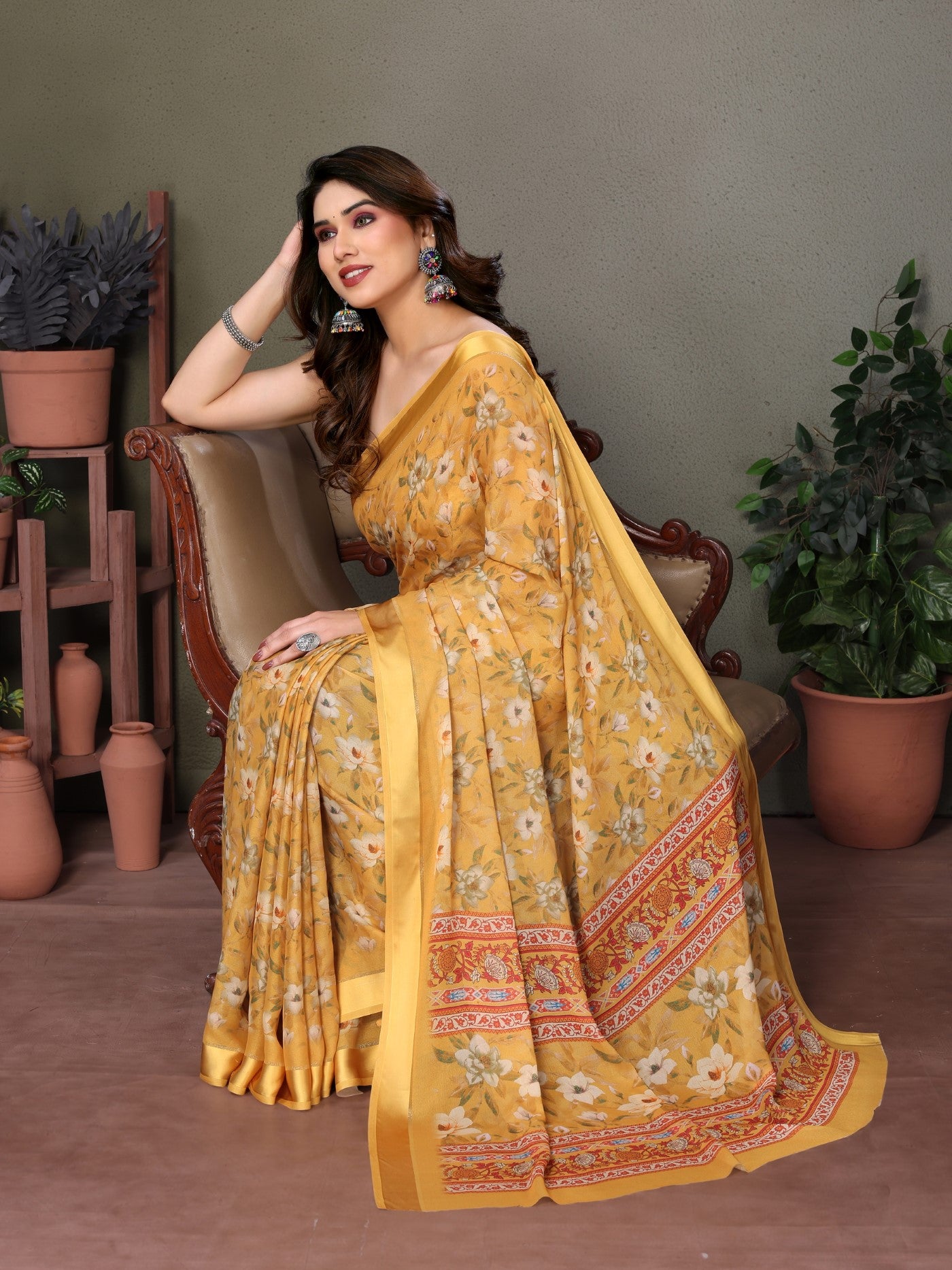Yellow Moss Satin Patta Saree with Digital Print