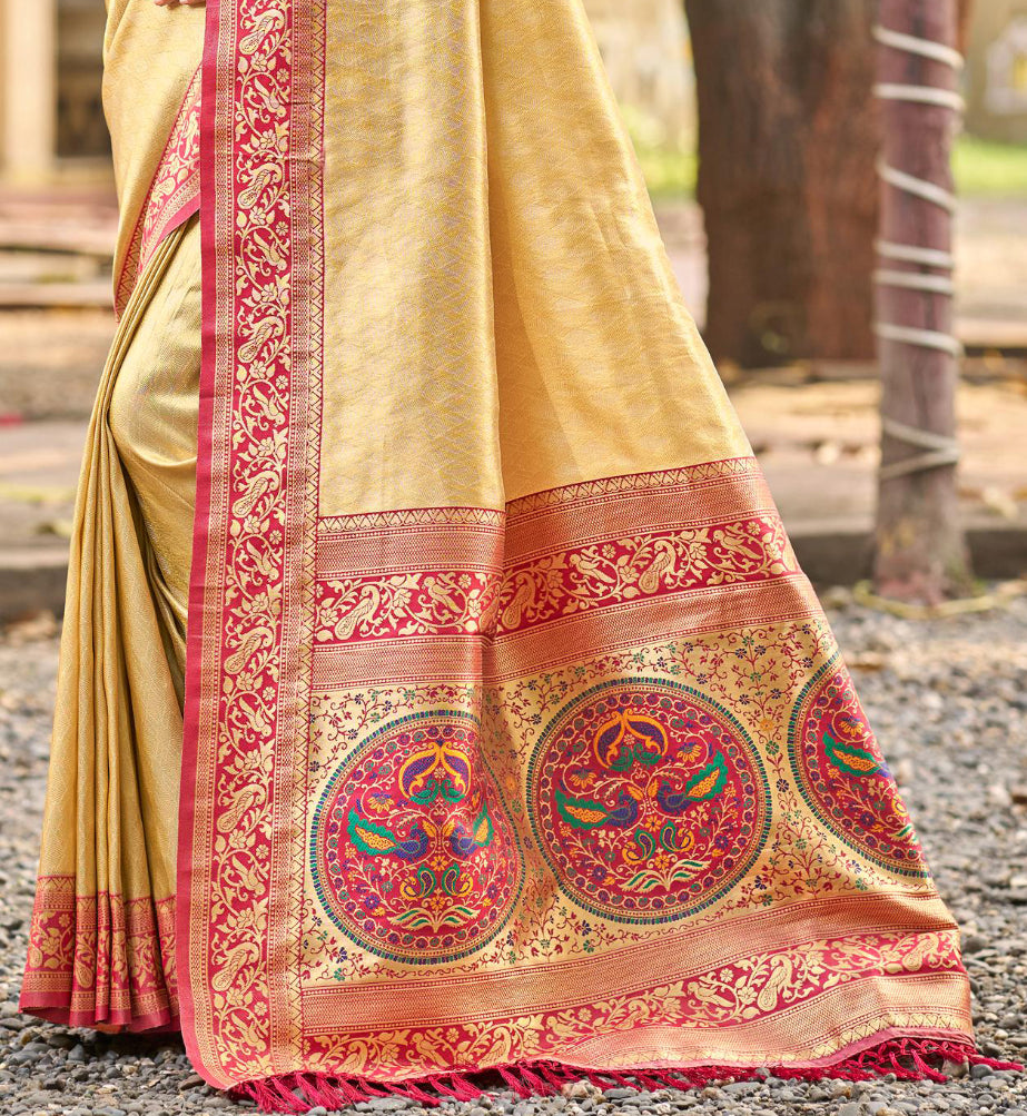 Yellow Multi Color Kanjivaram Silk Saree With Classic Drape and Refined Beauty