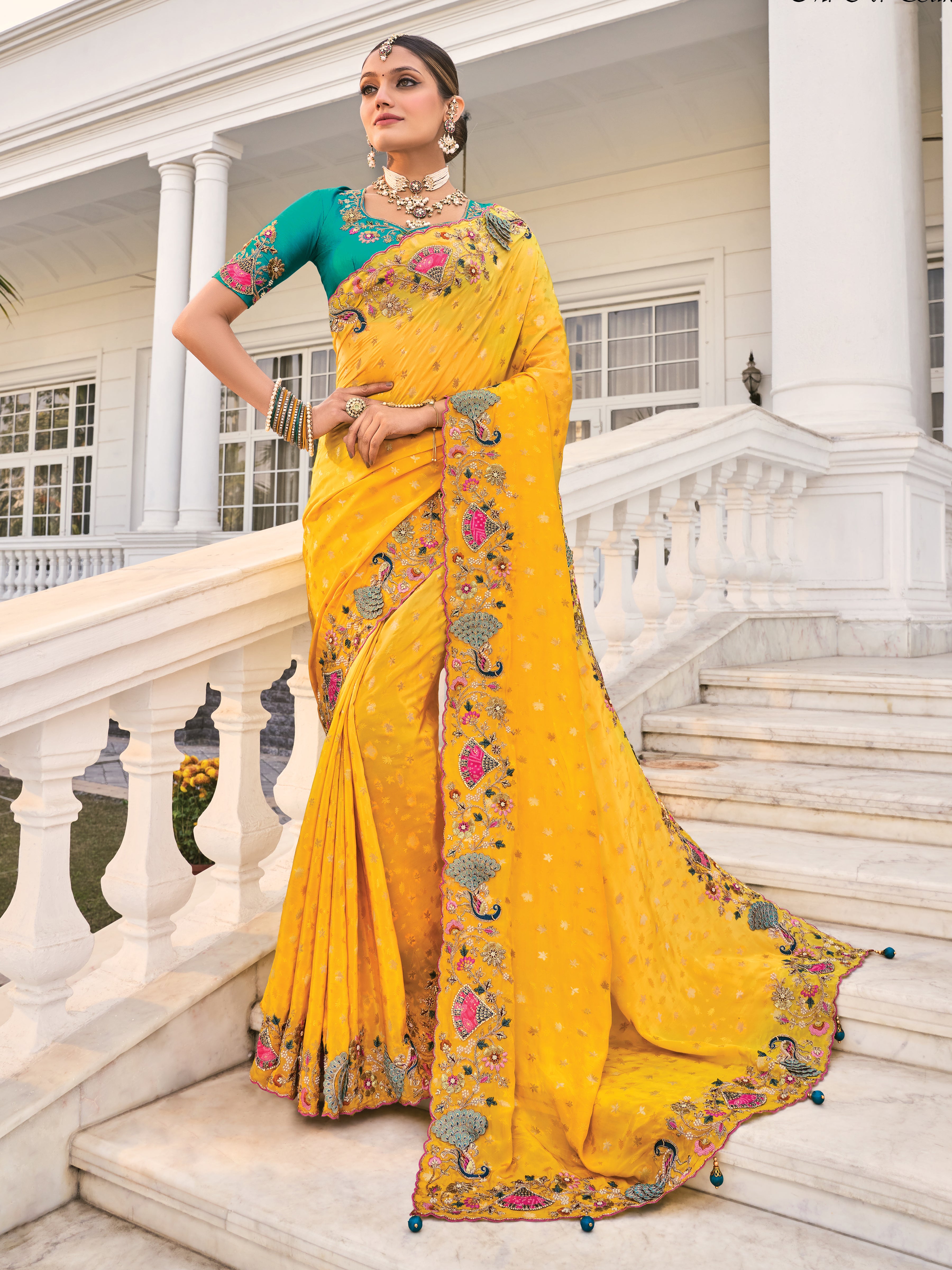 Yellow Natural Crepe Saree With Embroidery Work
